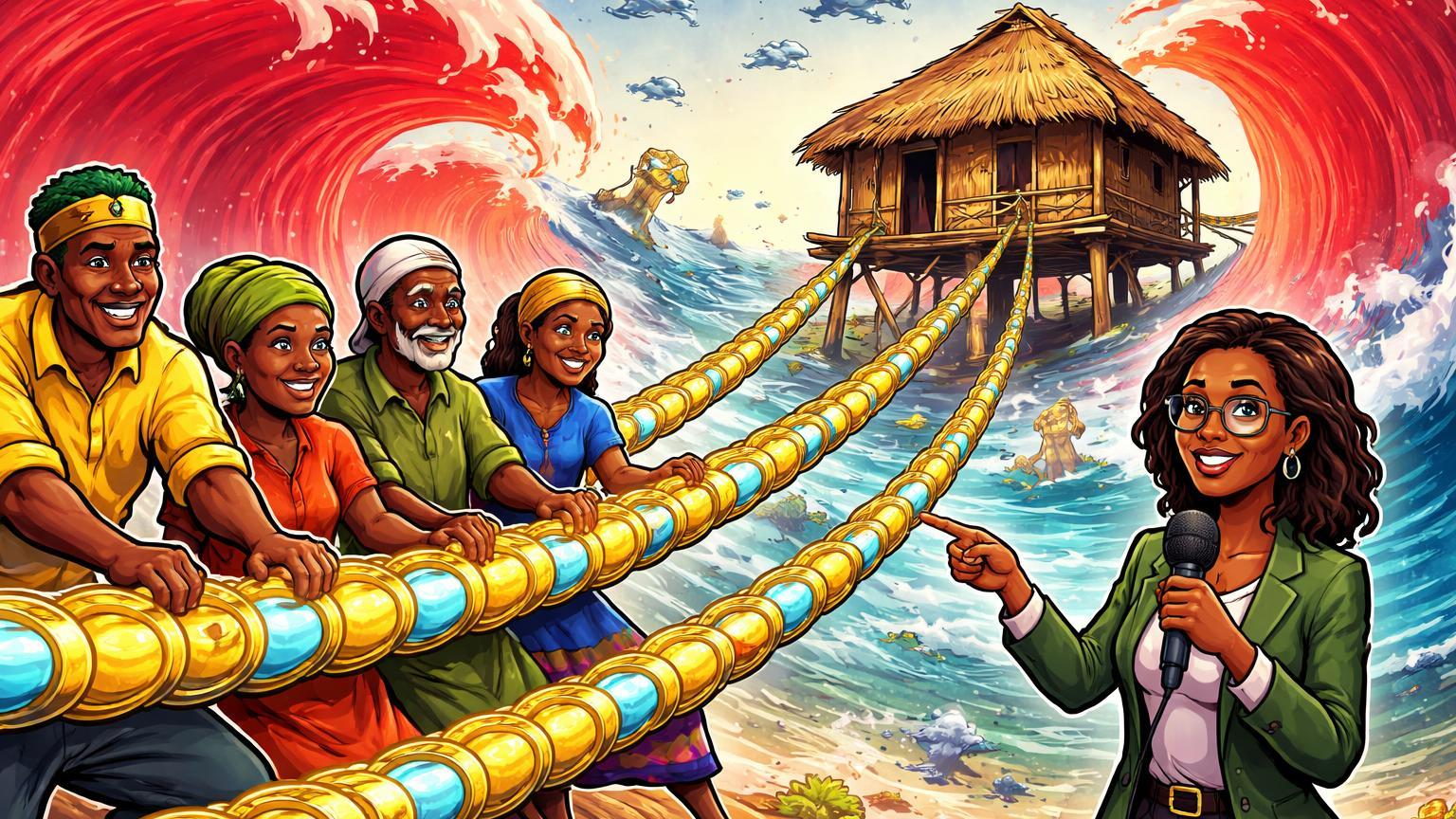 Comunidade africana cartoon ancorada por cordas de stablecoins contra ondas de inflação, superando aviões de ajuda, destacando impacto de remessas