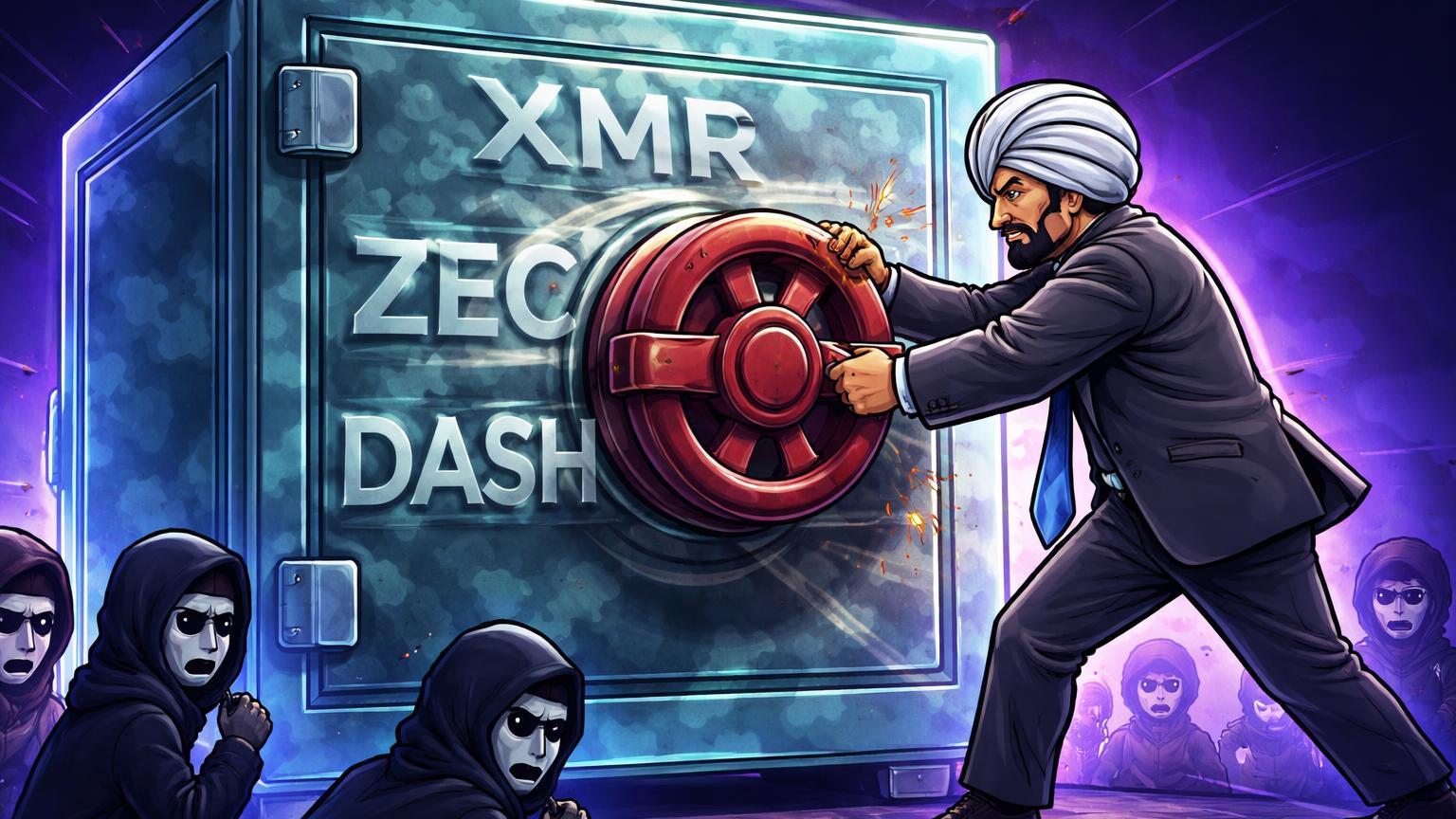 Burocrata cartoon selando cofre de privacidade com siglas XMR ZEC DASH, enquanto usuários observam preocupados, ilustrando proibição indiana