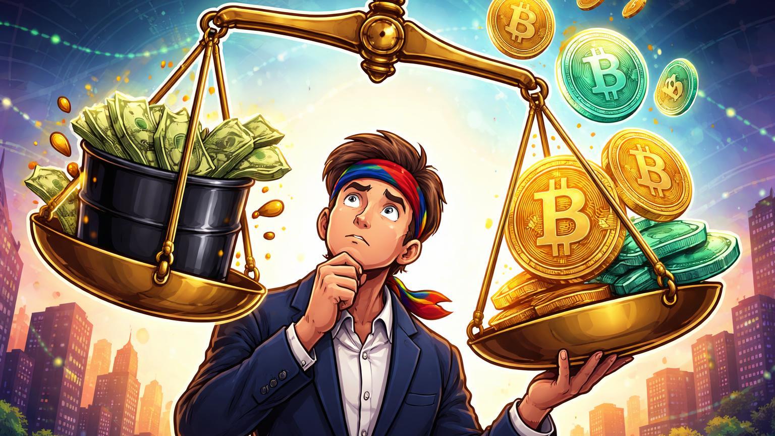 Balança desequilibrada com petrodólares pesando sobre Bitcoin e USDT, trader cartoon pensativo simbolizando desafio à centralidade das criptos na Venezuela