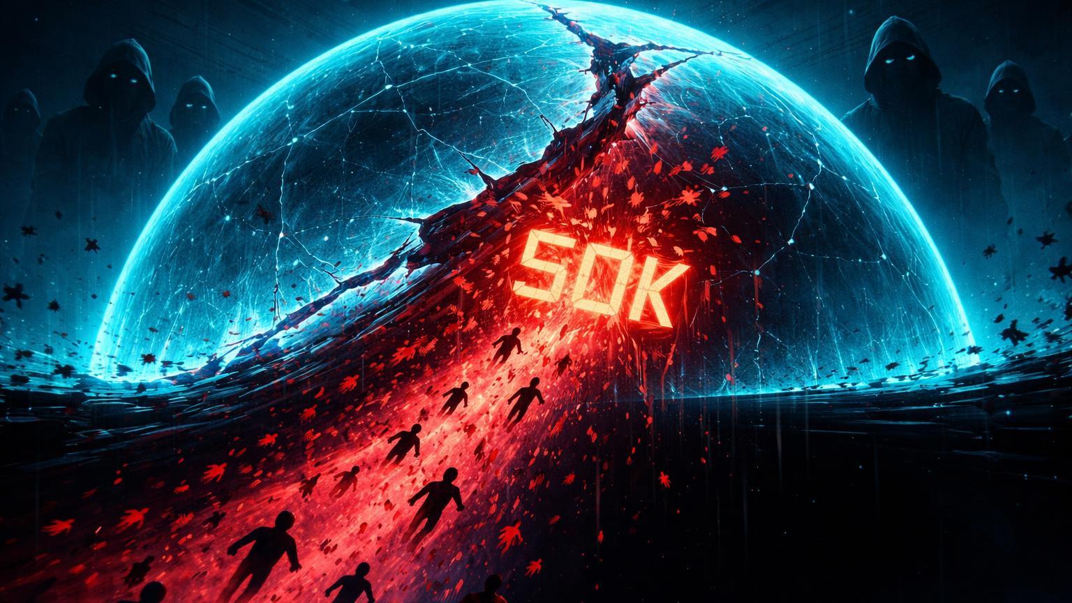 Cúpula digital cyan rachada vazando silhuetas de usuários e fluxo vermelho com 50K, representando hack de dados fiscais de 50 mil cripto-usuários
