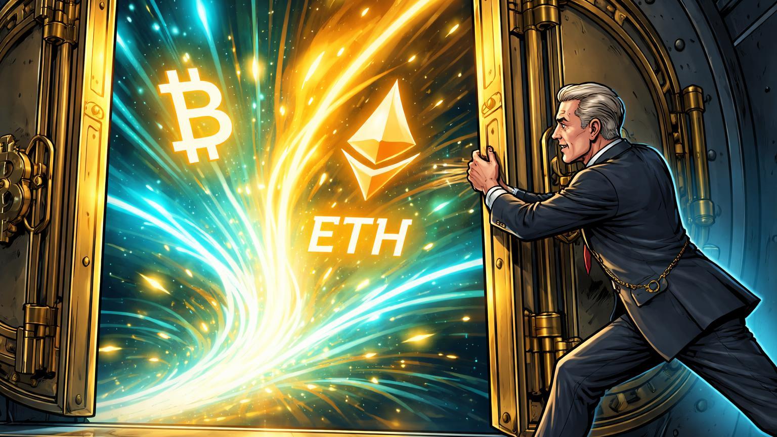 Banqueiro suíço cartoon abrindo cofre para fluxo cyan e dourado com BTC e ETH, simbolizando trading de cripto para elite pela UBS