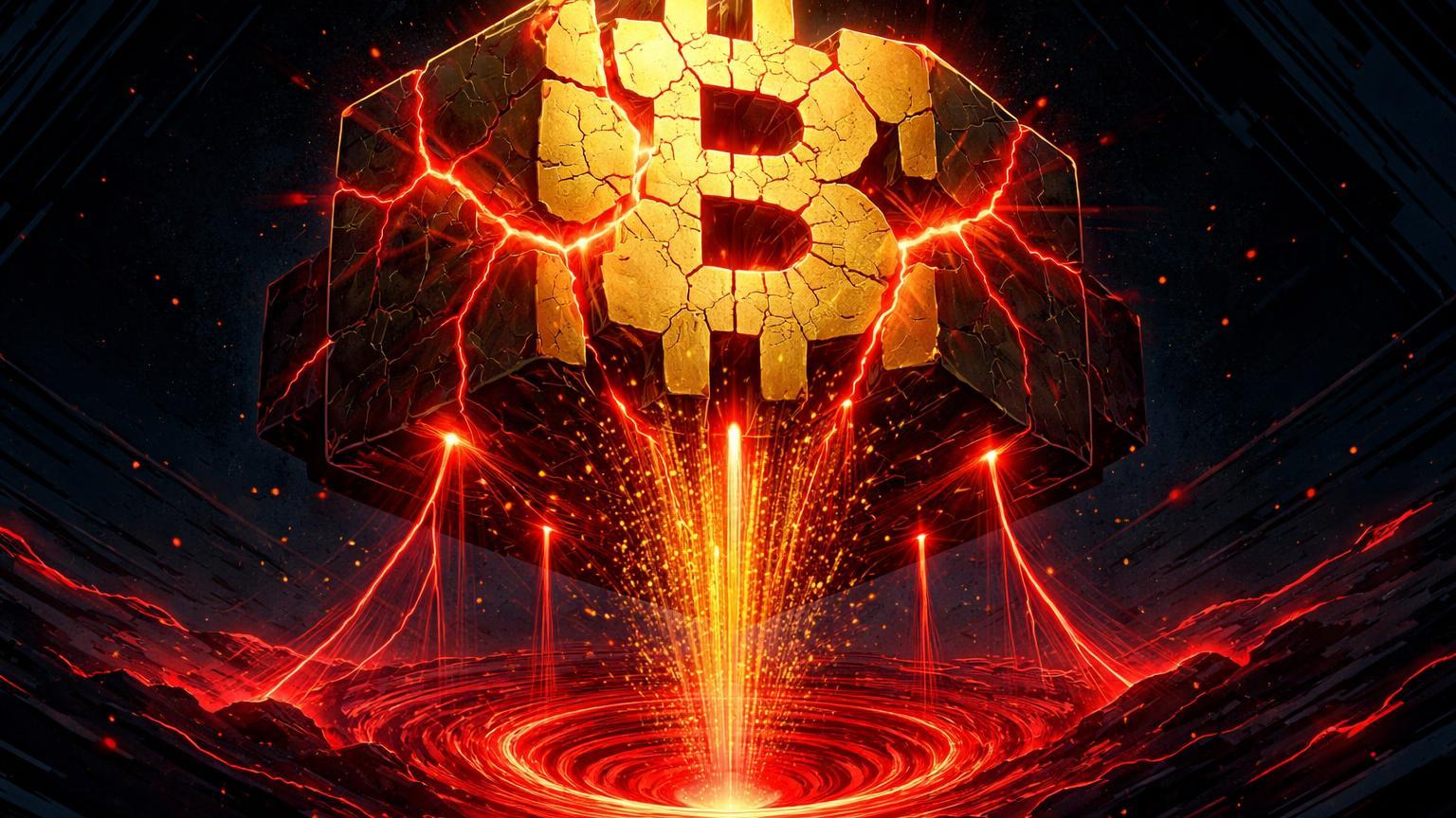 Fortaleza hexagonal Bitcoin com rachaduras vermelhas e fluxo descendente de partículas, sinalizando lucro on-chain negativo e viés de baixa