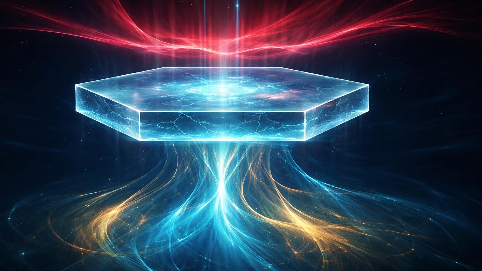 Plataforma glassmorphism hexagonal resistindo ondas vermelhas de pressão, reforçada por fluxos cyan e dourados na base, simbolizando suporte técnico do XRP em formação