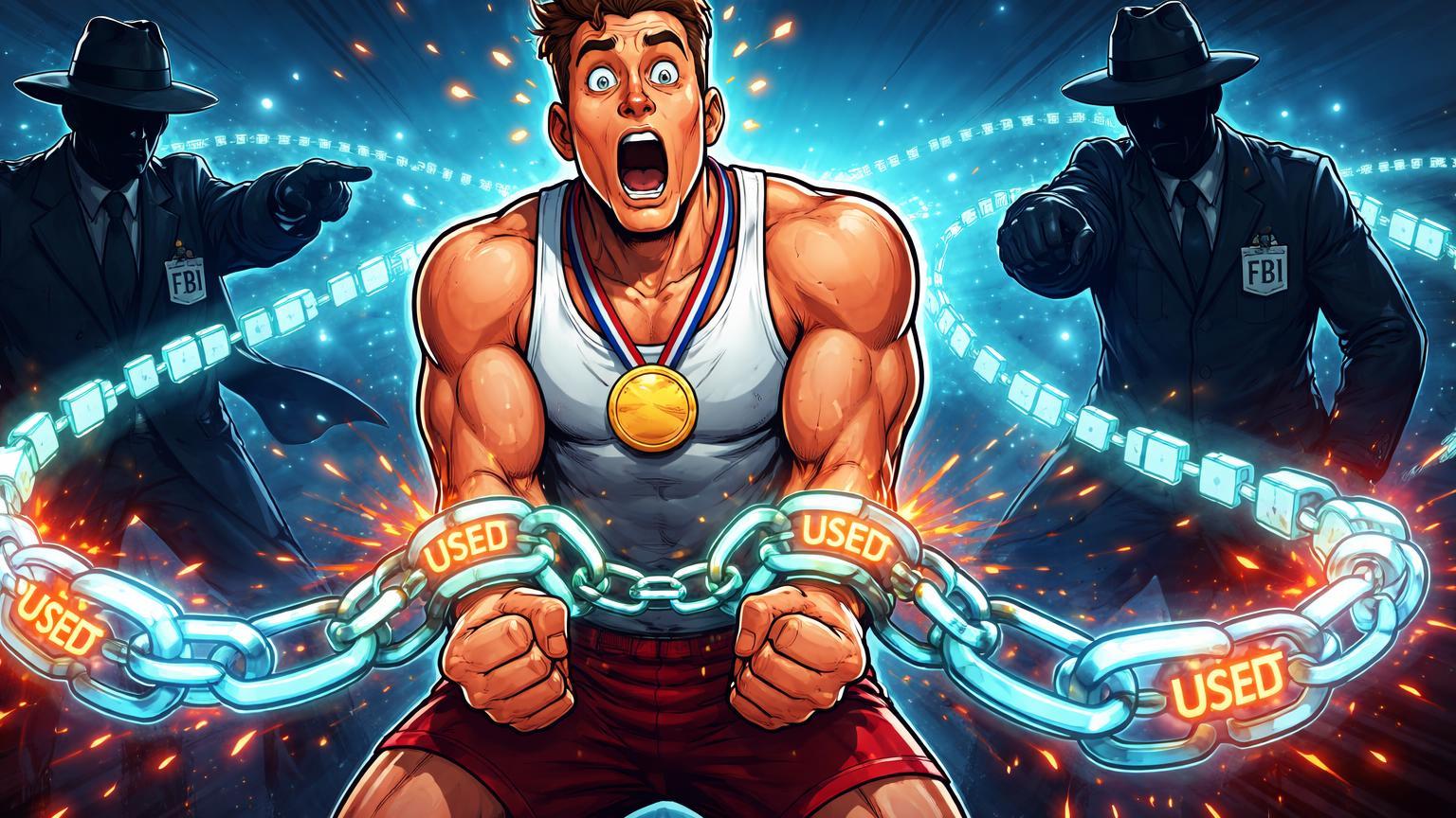 Atleta cartoon algemado por corrente blockchain com USDT, agentes FBI rastreando, alertando sobre riscos de lavagem em Tether