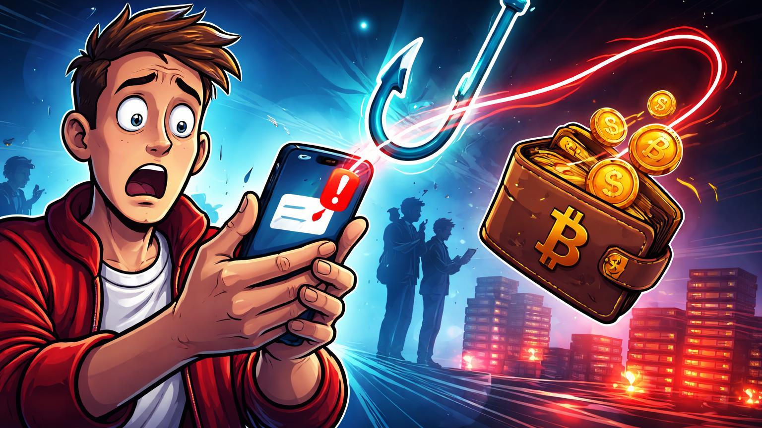 Investidor cartoon fisgado por anzol phishing em smartphone, com Bitcoin escapando de carteira, ilustrando roubo por senhas roubadas