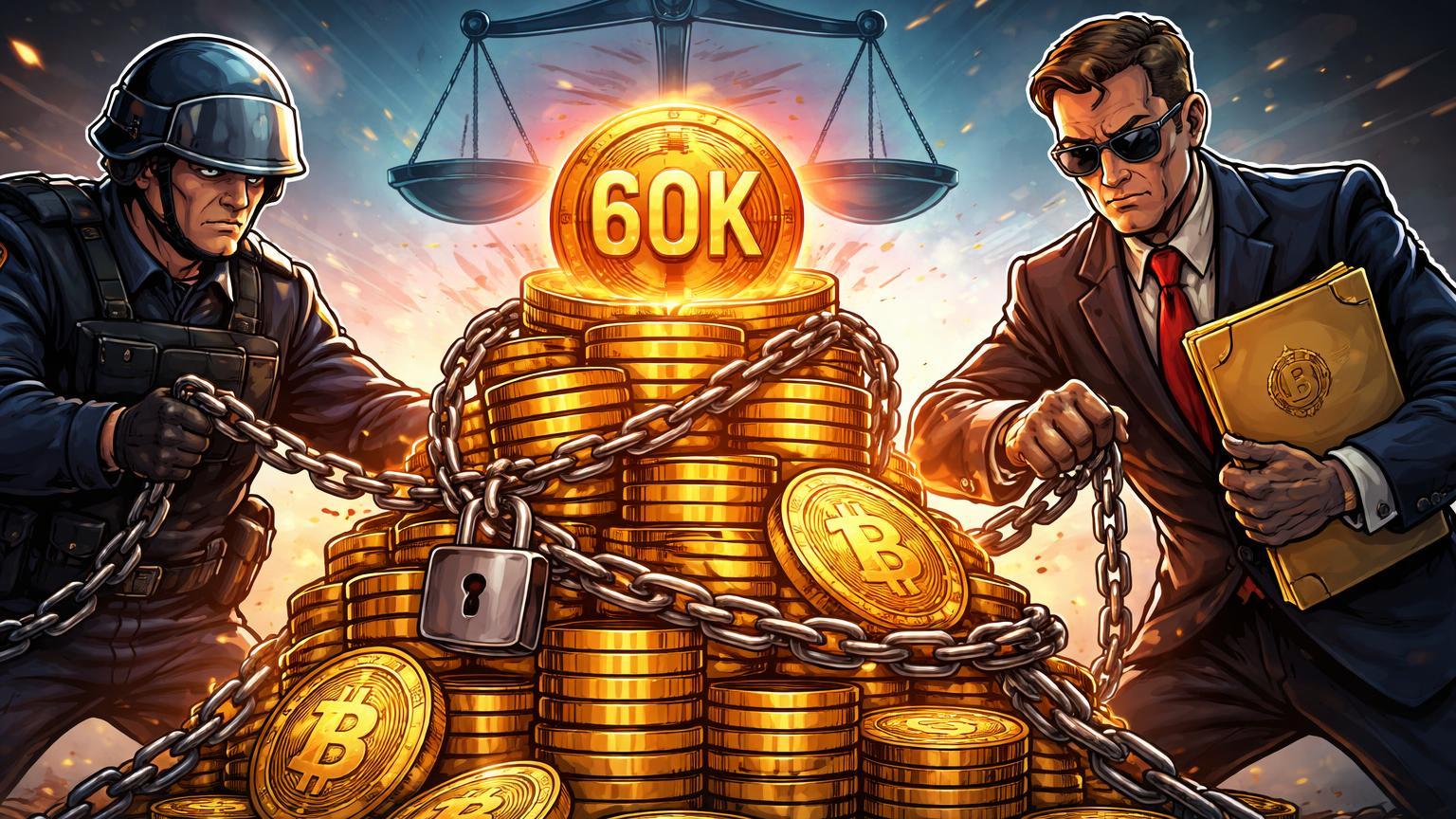Figuras autoritárias cartoon confiscando pilha de Bitcoins com selo 60K, ilustrando apreensão histórica pelo Reino Unido em esquema de lavagem