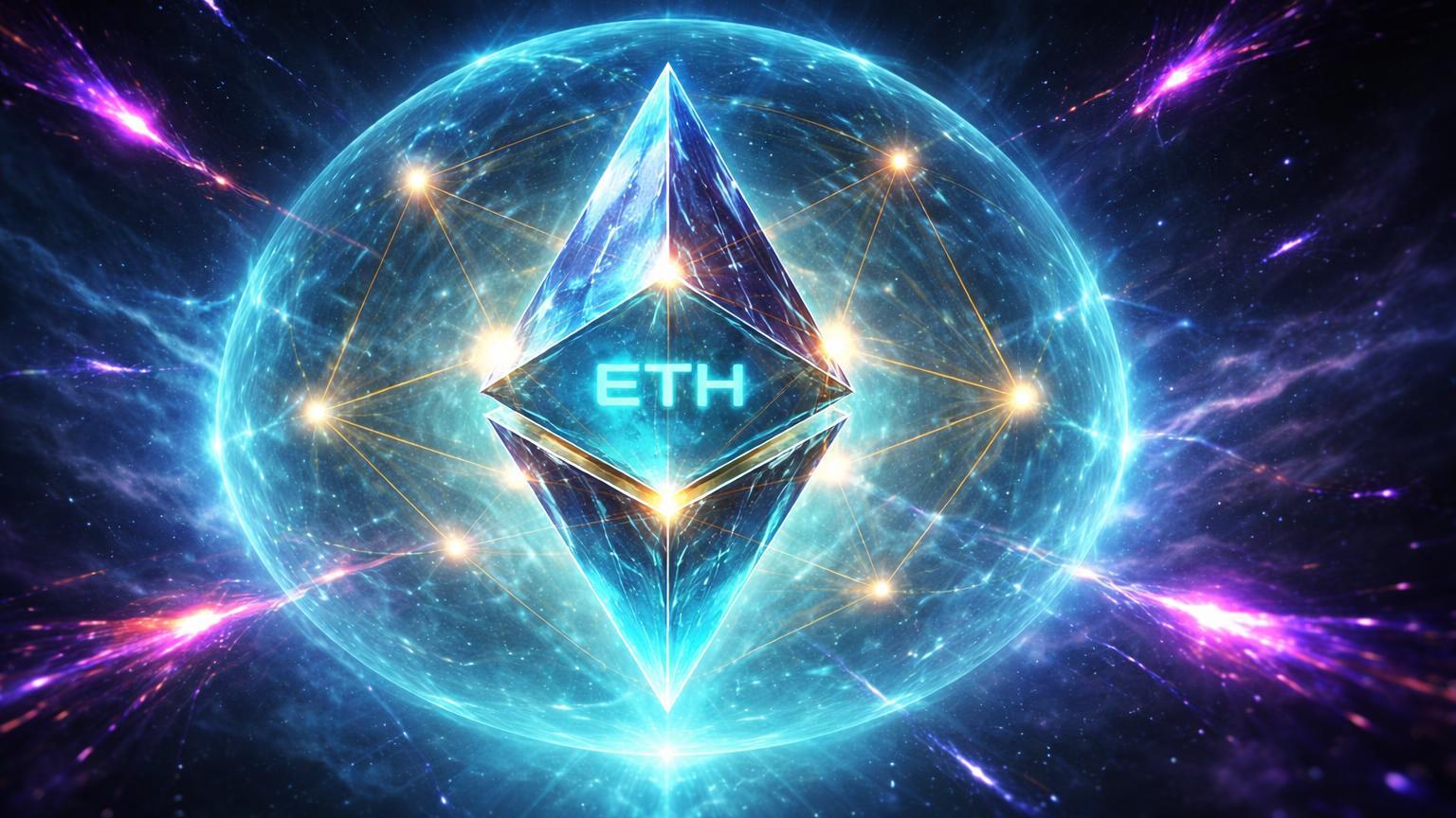 Prisma Ethereum protegido por campo de força IA defletindo partículas quânticas, simbolizando iniciativa de segurança pós-quântica