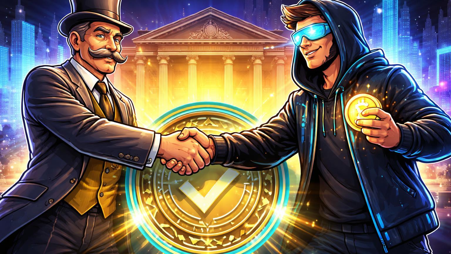 Banqueiro cartoon e investidor cripto apertando mãos sobre selo de certificacao, simbolizando regras do Banco Central para cripto em bancos brasileiros