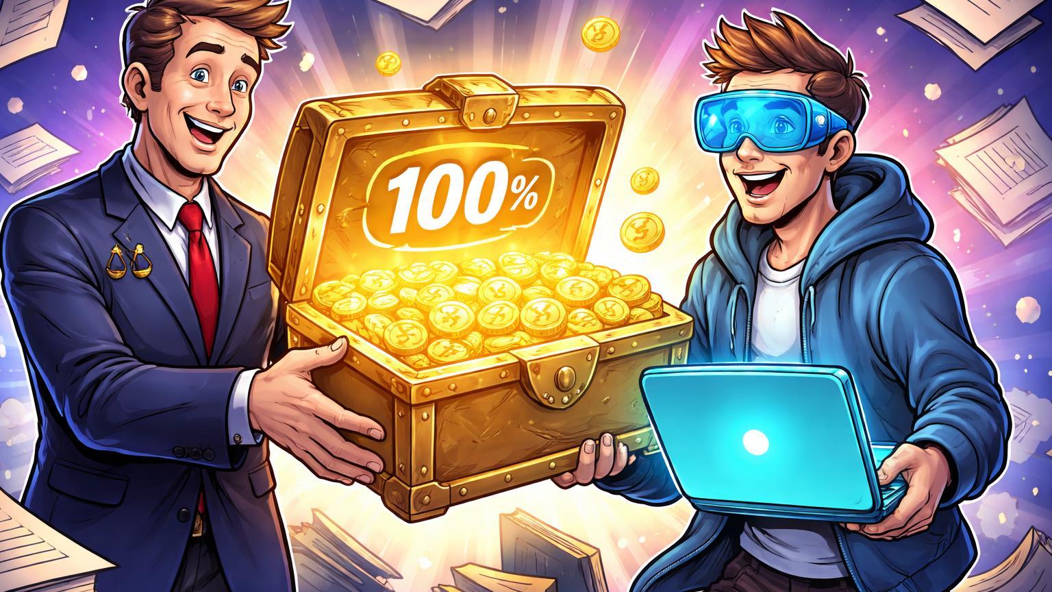 Investidor cartoon recebendo baú dourado com selo 100% de regulador SEC estilizado, simbolizando reembolso total no caso Gemini Earn