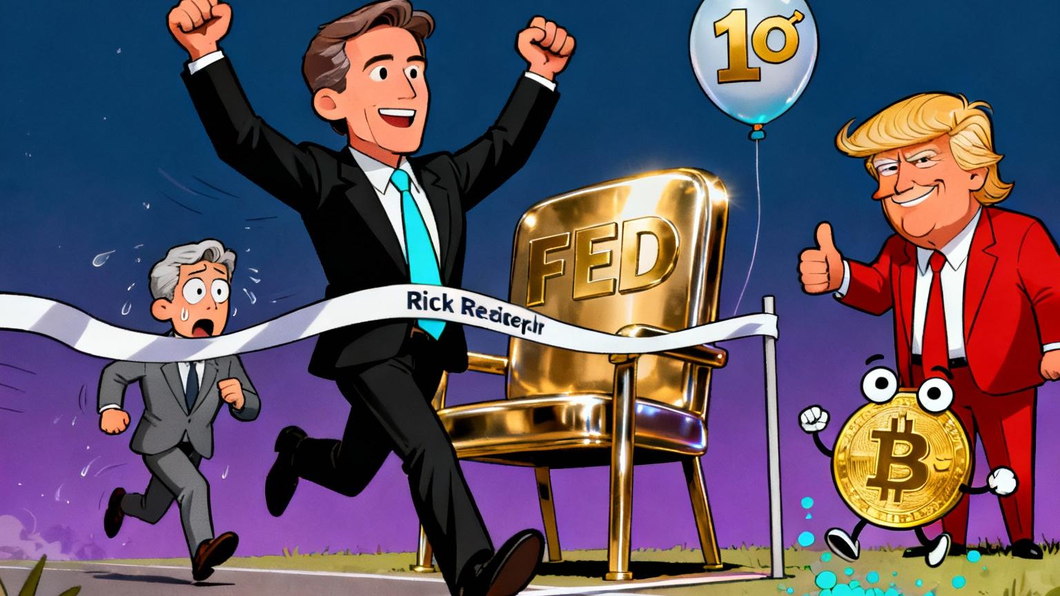 Executivo cartoon BlackRock cruzando linha de chegada para cadeira FED, com Powell atrás e Trump aprovando, simbolizando odds para suceder Powell