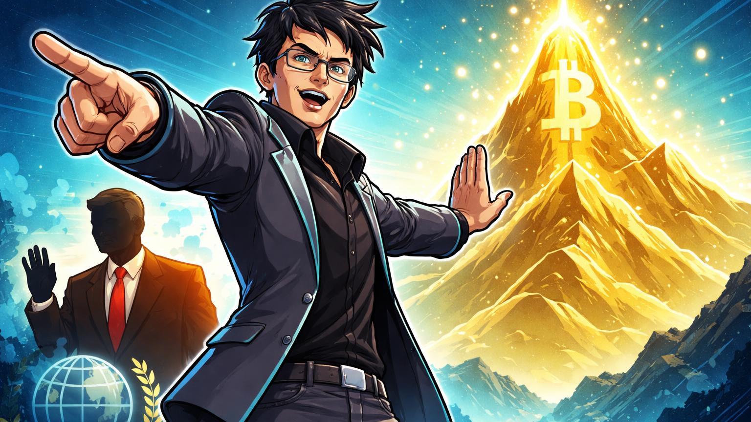 CZ cartoon apontando para pico dourado de ATH Bitcoin enquanto nega laços com figura Trump, simbolizando visão otimista pró-cripto