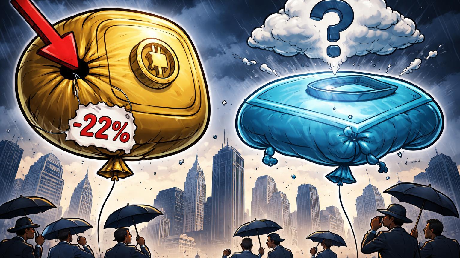 Balões cartoon de IPOs estilizados furados e deflacionando sobre Wall Street, com traders preocupados simbolizando quedas de BitGo e COIN