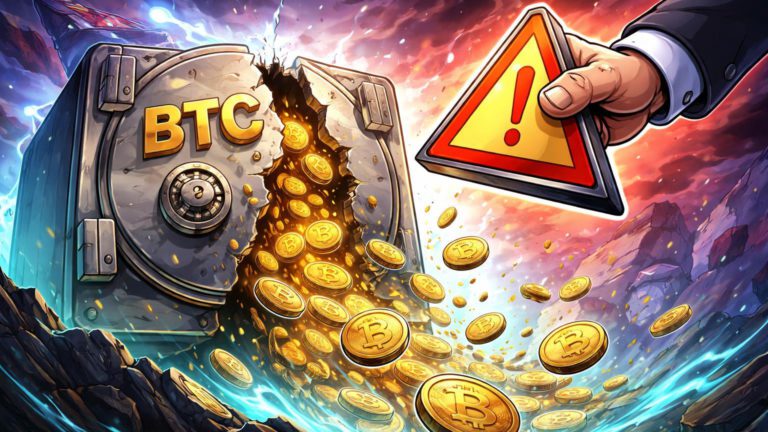 Cofre ETF Bitcoin cartoon rachando sob mão empurrando placa de tarifas vermelha, moedas BTC vazando, ilustrando saída recorde e agitação geopolítica