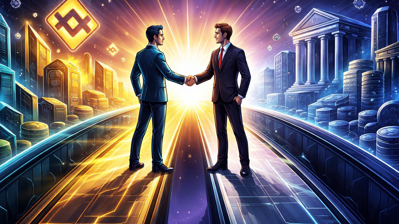 Executivos cartoon de cripto e bancos em handshake sobre ponte luminosa com símbolo BNB, representando ETF Grayscale e parceria Coinbase-JP Morgan