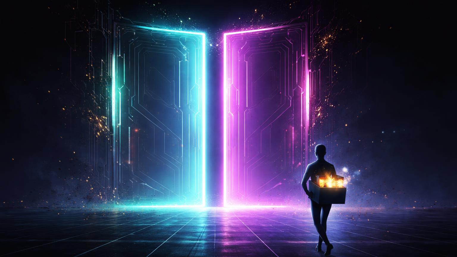 Portal neon cyan e magenta se fechando em vazio digital com silhueta retirando ativos, marcando fim do Nifty Gateway