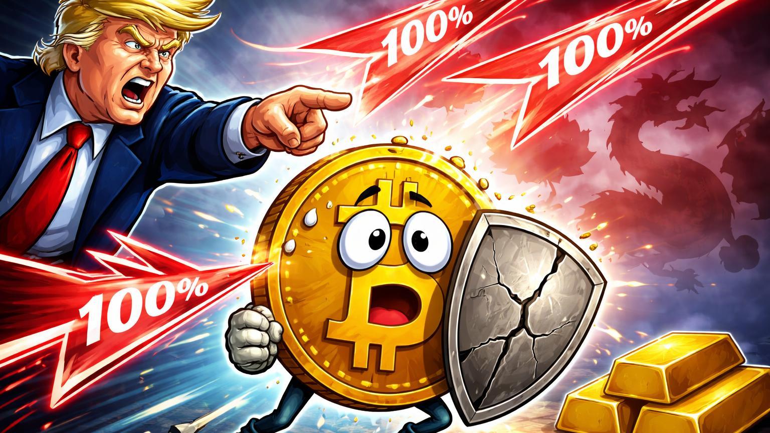 Personagem cartoon líder apontando raios tarifários 100% sobre Bitcoin estressado no fogo cruzado geopolítico, com ouro como refúgio seguro