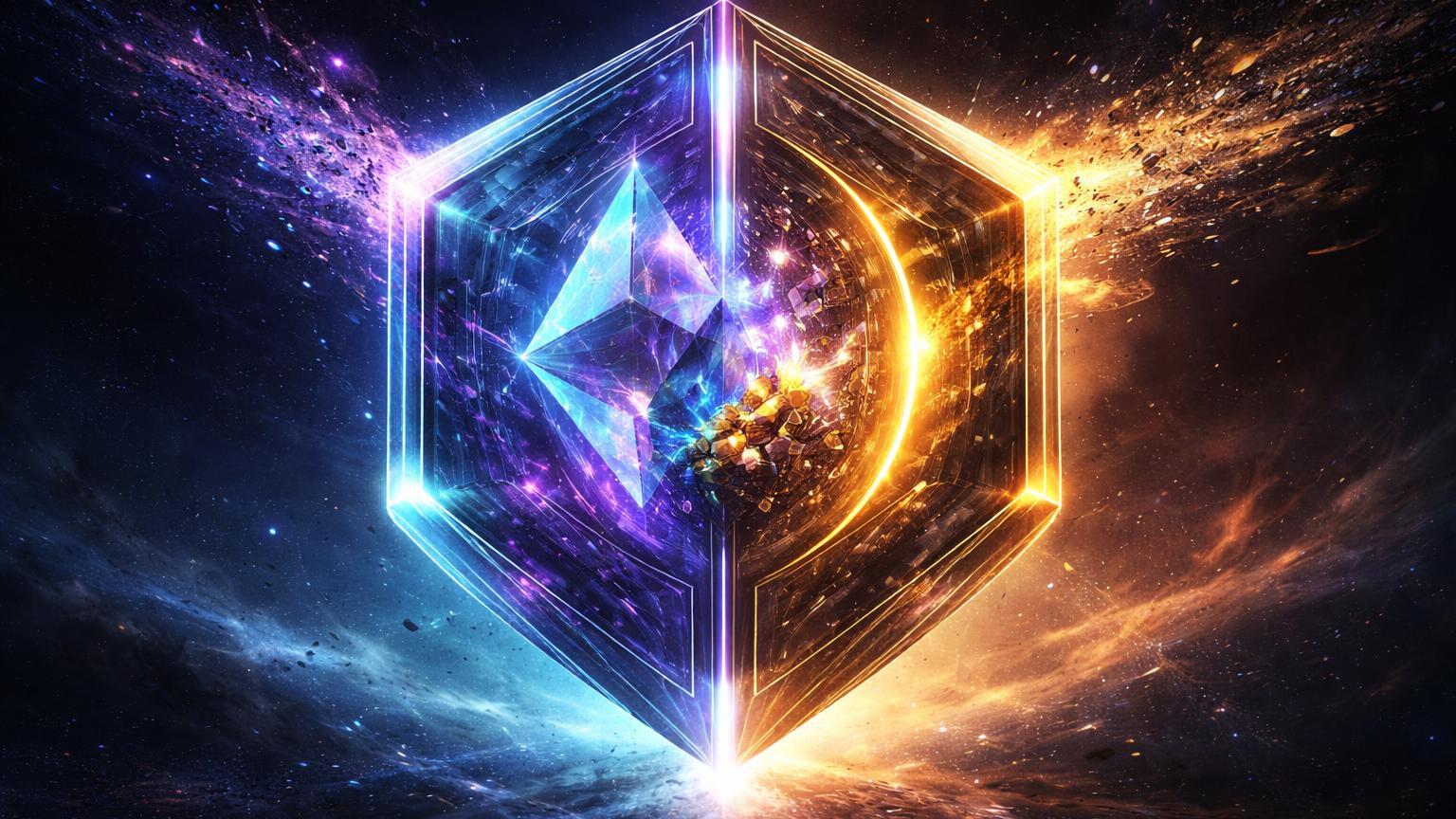 Escudo hexagonal duplo com face quântica prismática e filtro anti-spam, simbolizando upgrades de segurança no Ethereum e Bitcoin