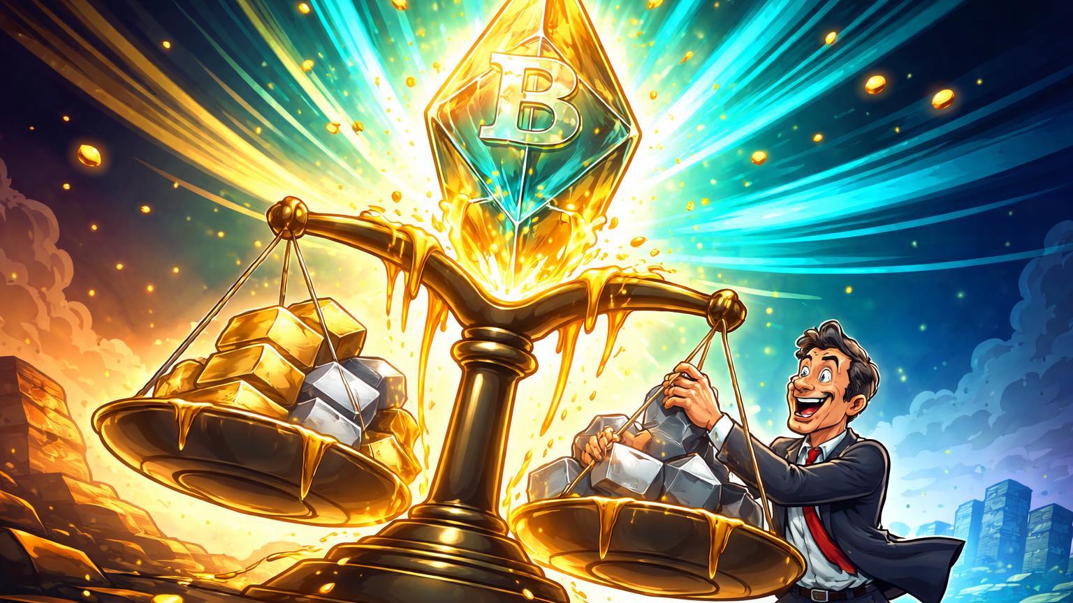 Investidor cartoon derretendo ouro em cristal Bitcoin luminoso, simbolizando transição all-in de Kiyosaki para ativo digital superior