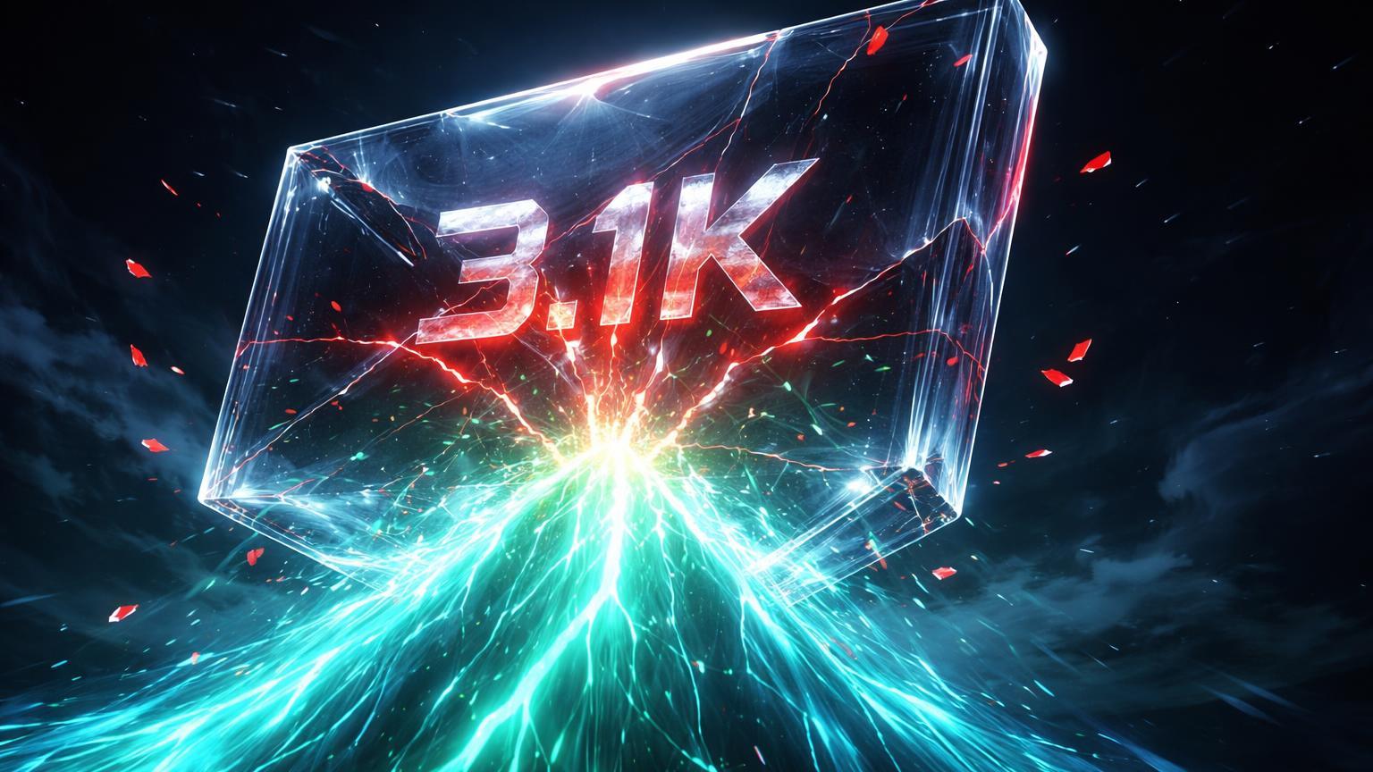 Barreira cristalina com '3.1K' gravado sob pressão de fluxo energético cyan ETH, rompendo em fragmentos vermelhos de liquidações de shorts