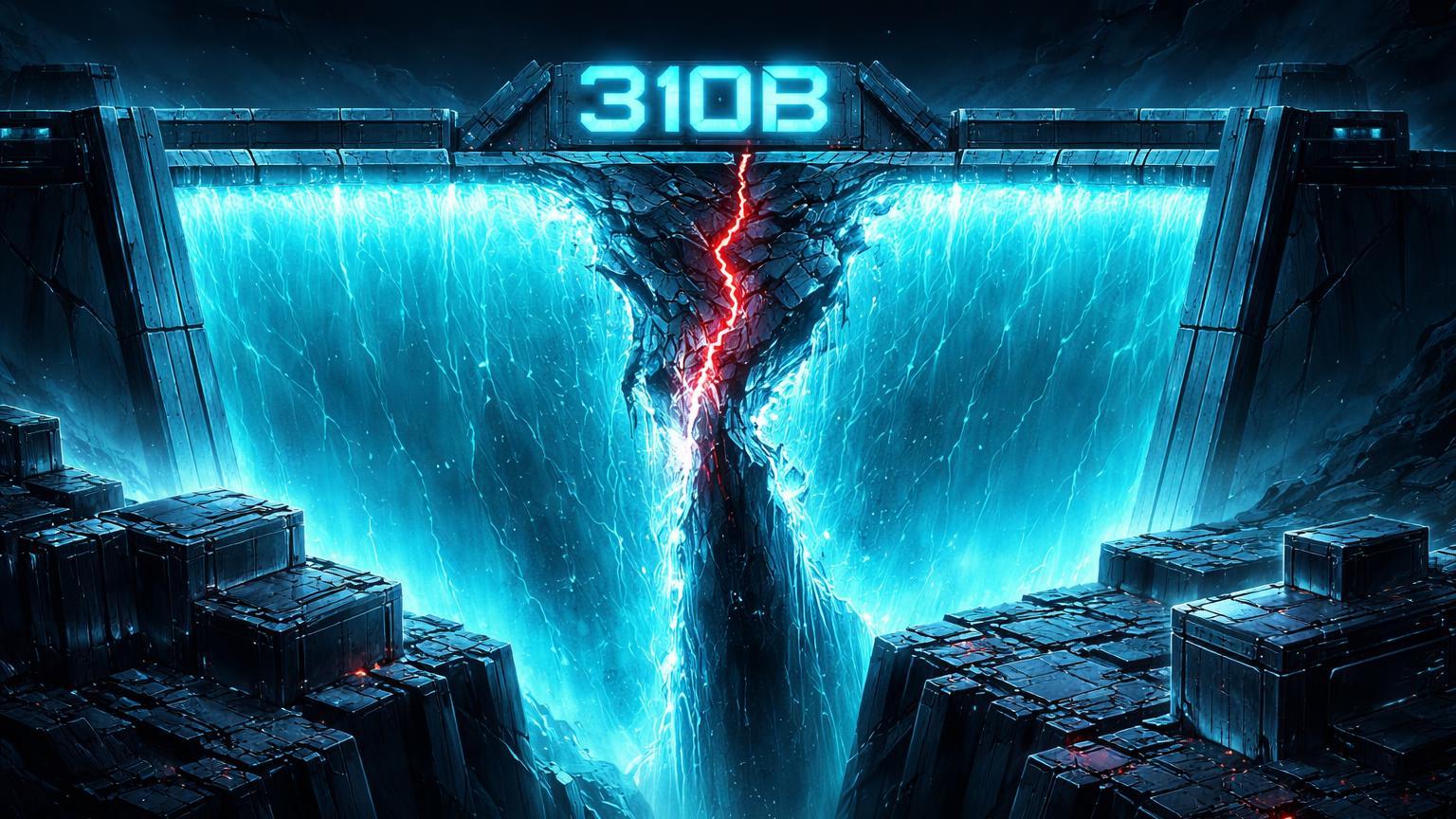 Barragem cristalina de stablecoins rachando com jorro de liquidez cyan vazando para abismo, ilustrando perda de US$ 3,3 bi após pico de US$ 310 bi