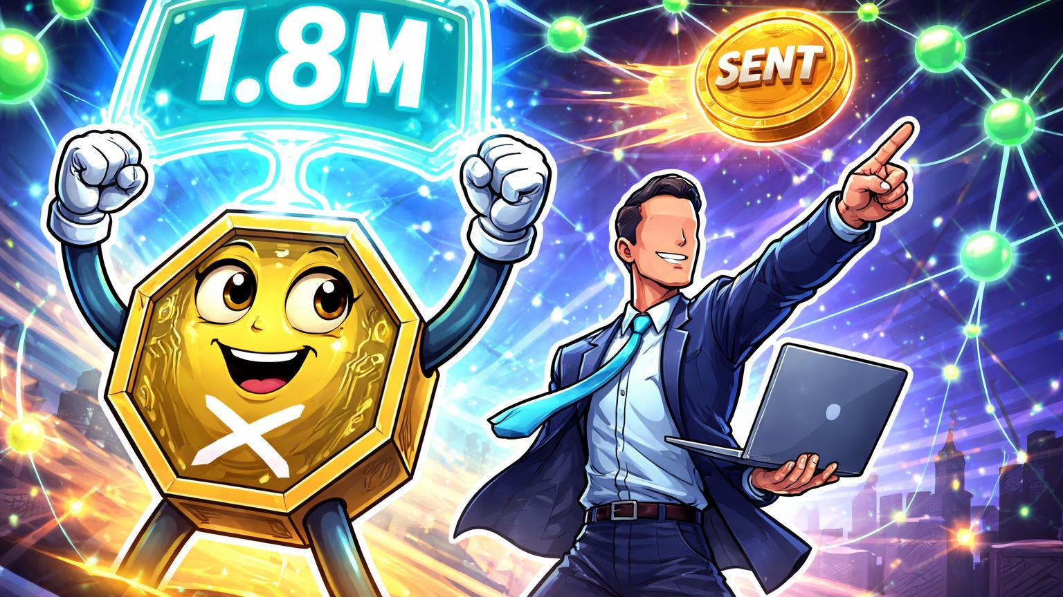Personagens cartoon XRPL celebrando recorde 1.8M e executivo Coinbase lançando token SENT para rede altcoins em expansão