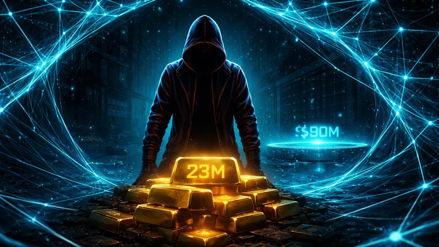 Teia blockchain cyan expondo esconderijo hacker com pilha dourada marcada 23M, simbolizando rastreamento e transparência contra roubo cripto
