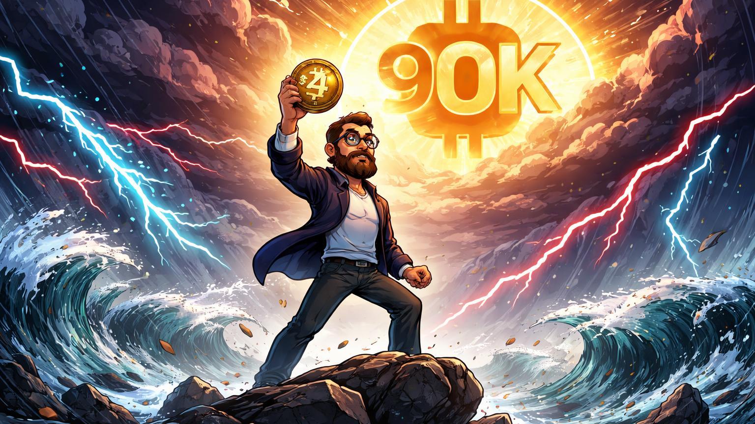 Investidor cartoon com barba segurando BTC $4 em tempestade de crashes, com BTC 90K brilhando ao fundo, simbolizando convicção HODL de Tim Draper