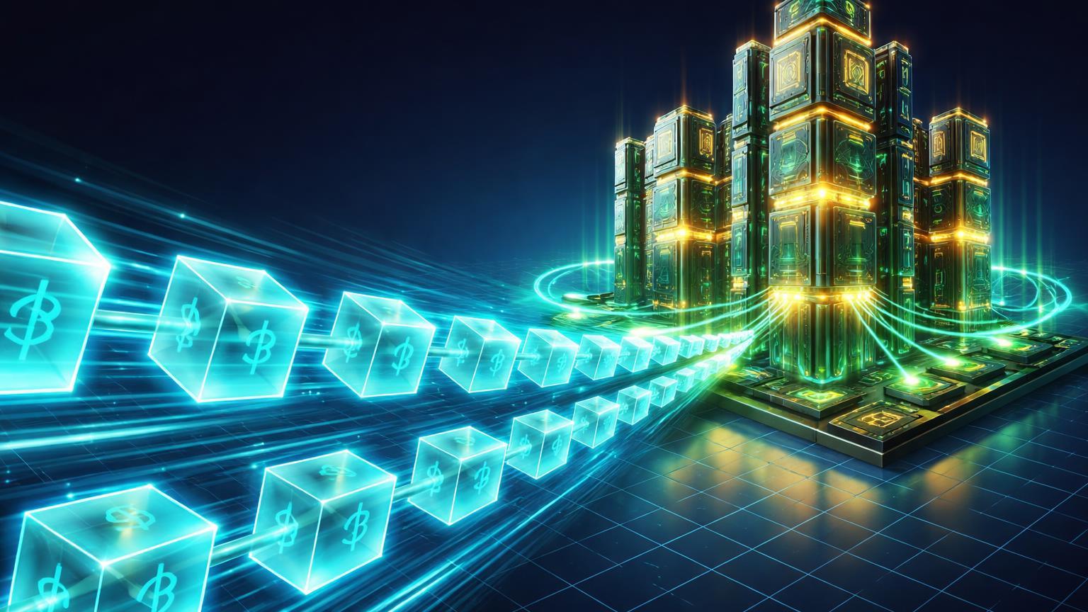 Cadeia isométrica de blocos cyan acelerados convergindo para torres de chips IA dourados, simbolizando upgrade Tezos e pivot Bitfarms para IA