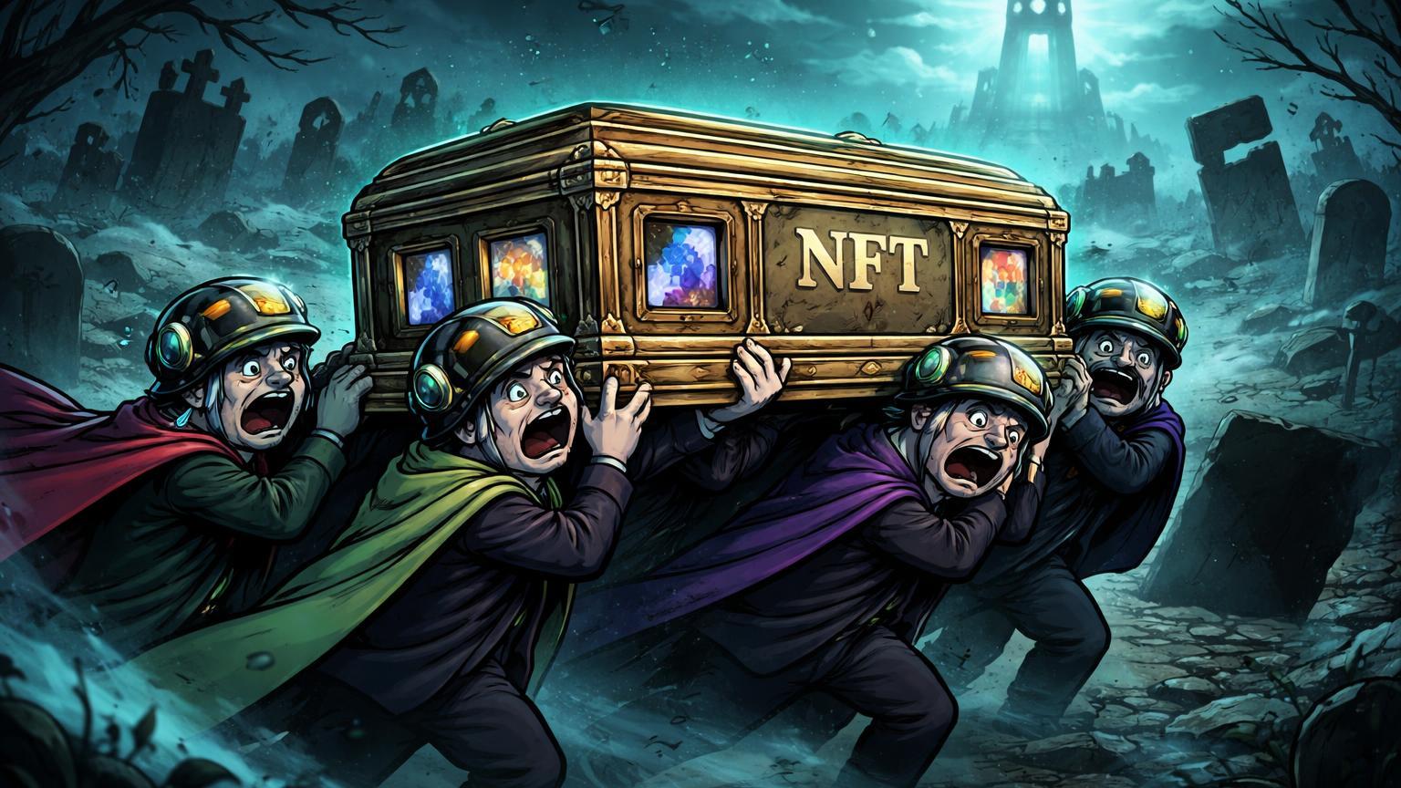 Personagens cartoon carregando caixão com NFTs em funeral digital sombrio, simbolizando fechamento do Nifty Gateway e fim da era dos JPEGs milionários