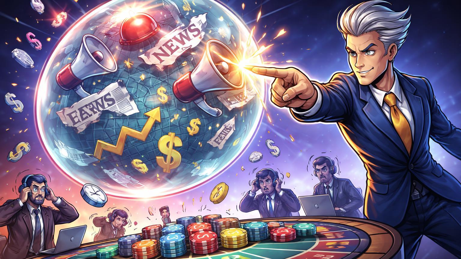 Magnata tech cartoon perfurando bolha de fake news sobre mesa de apostas com traders decepcionados, alertando riscos de desinformação em Polymarket