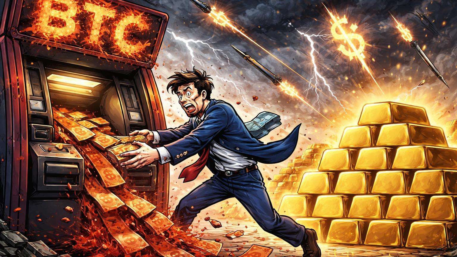 Investidor cartoon em pânico saqueando ATM Bitcoin corroído enquanto pilha de ouro brilha intacta, destacando falha como porto seguro em crise trade war