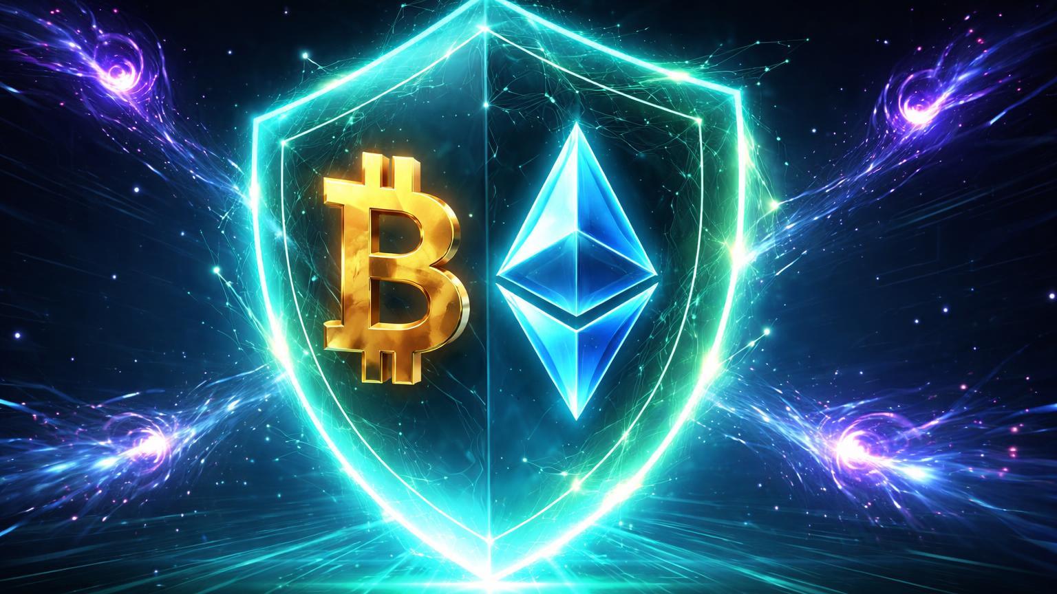 Escudo de energia cyan envolvendo símbolos BTC e ETH repelindo partículas quânticas, representando upgrades de segurança contra ameaças futuras