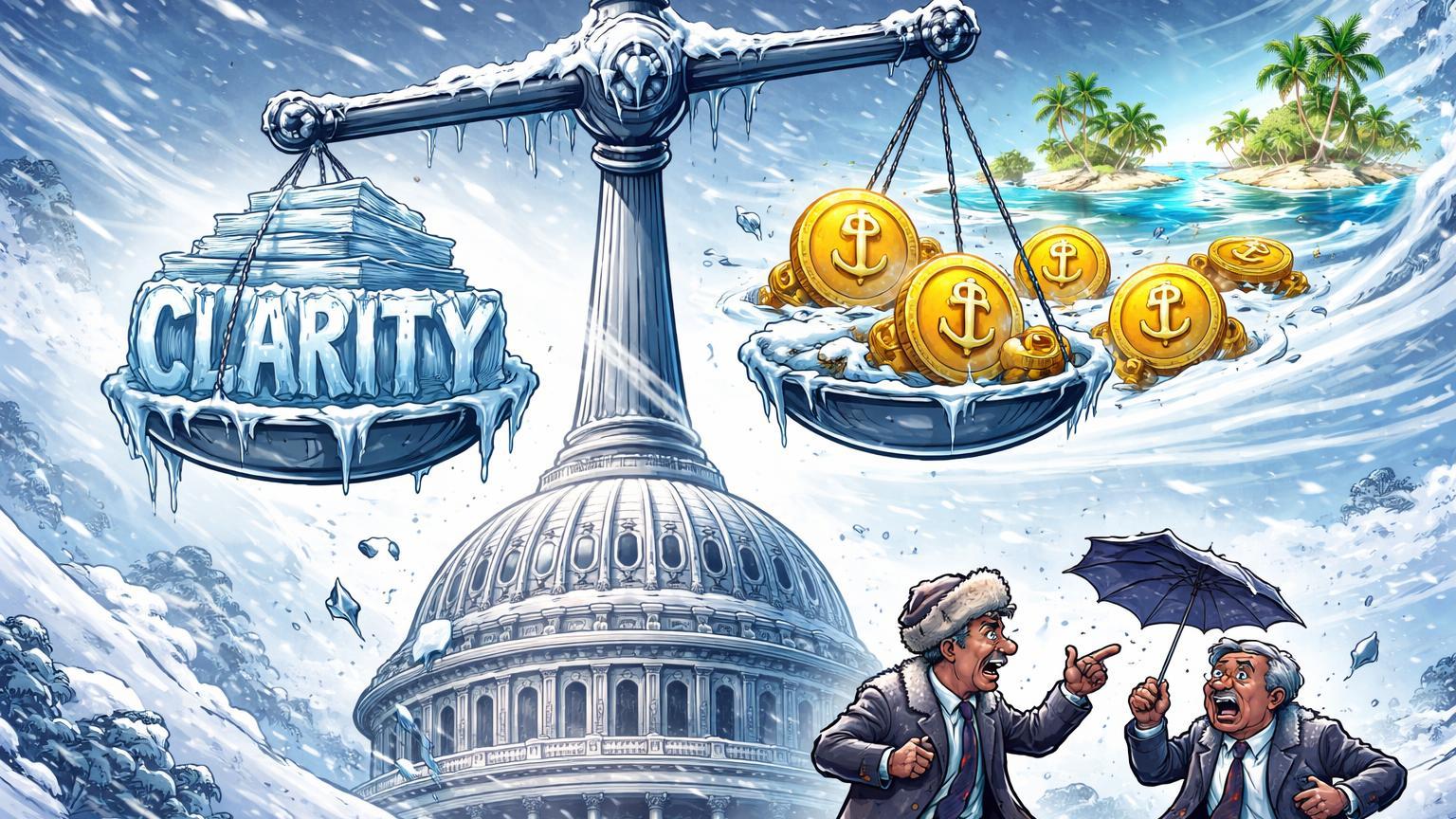 Nevasca congelando balança com 'CLARITY' gelado e stablecoins escapando para ilhas offshore, alertando riscos do atraso no Senado americano