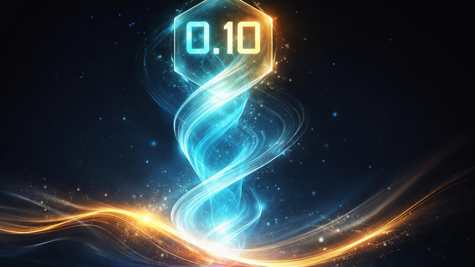 Fluxo cyan translúcido espiralando para estrutura glass '0.10', contrastando onda dourada descendente do Bitcoin, simbolizando alta de KAIA apesar queda