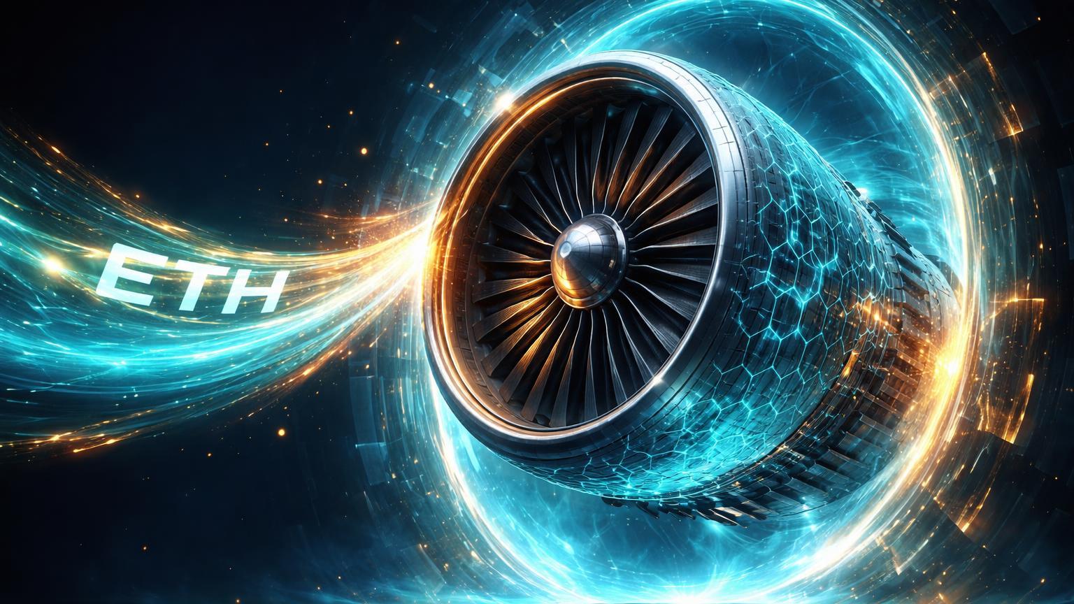 Turbina de motor de jato emergindo de portal digital com fluxo ETH cyan tokenizando-a, simbolizando RWAs e maturacao cripto pela ETHZilla