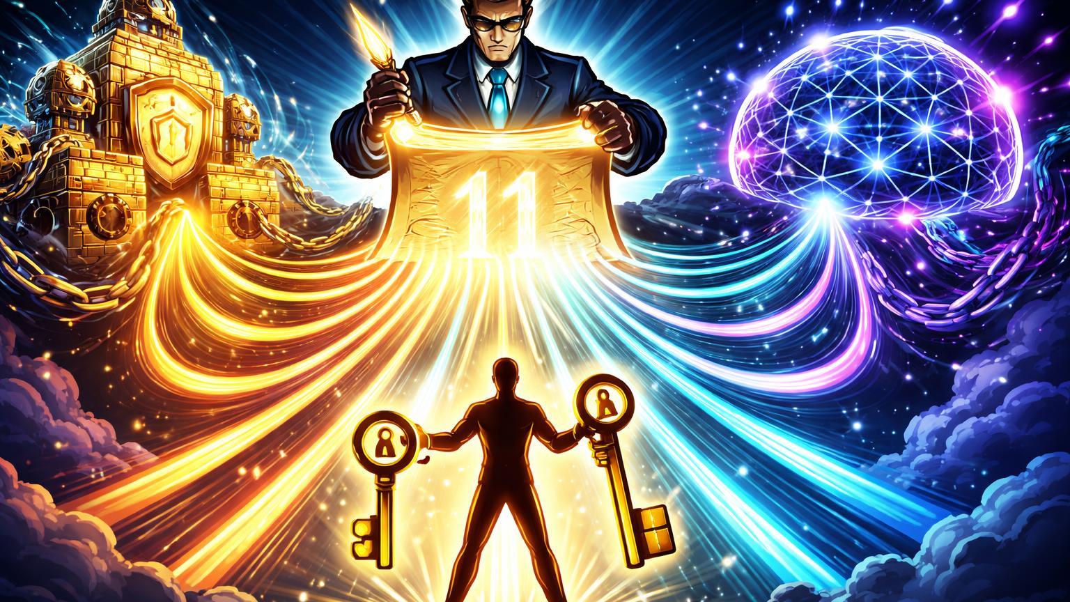 Cartógrafo cartoon desenhando 11 caminhos entre blockchain e IA, empoderando usuário com chaves de controle sobre dados e identidade