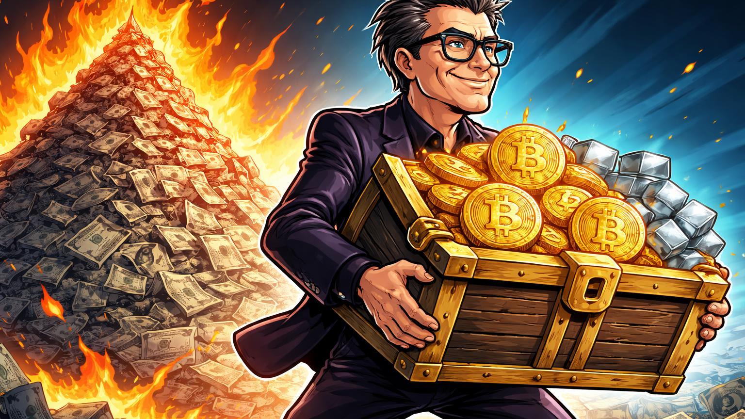 Personagem cartoon Pai Rico carregando baú de Bitcoin e prata para longe de montanha de dívida EUA em chamas, ilustrando all-in de Kiyosaki