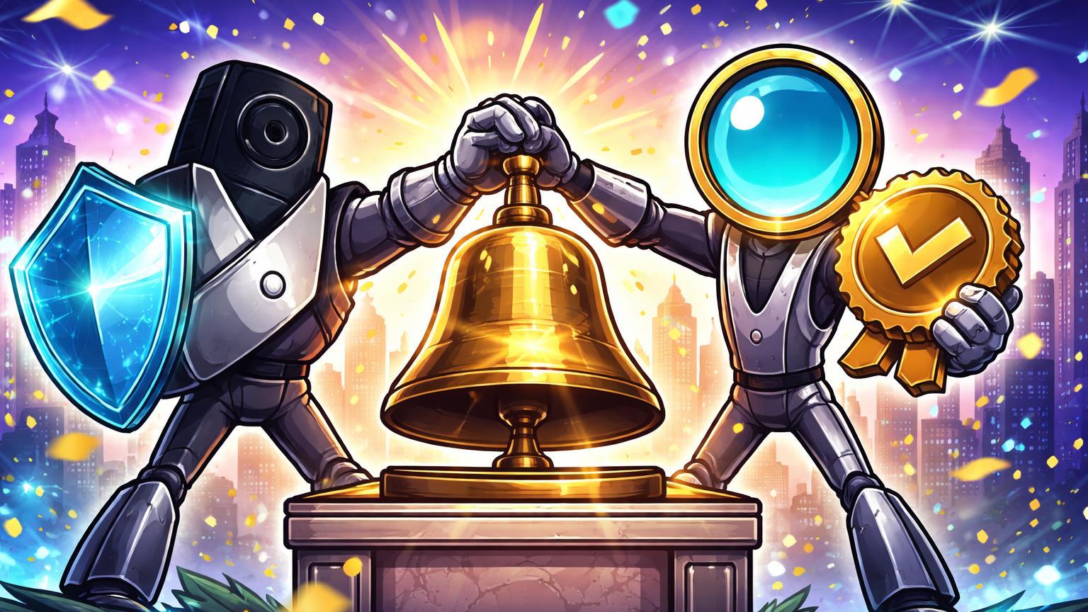 Personagens cartoon estilizados de Ledger e CertiK batendo sino da NYSE com escudos, celebrando IPOs de segurança cripto