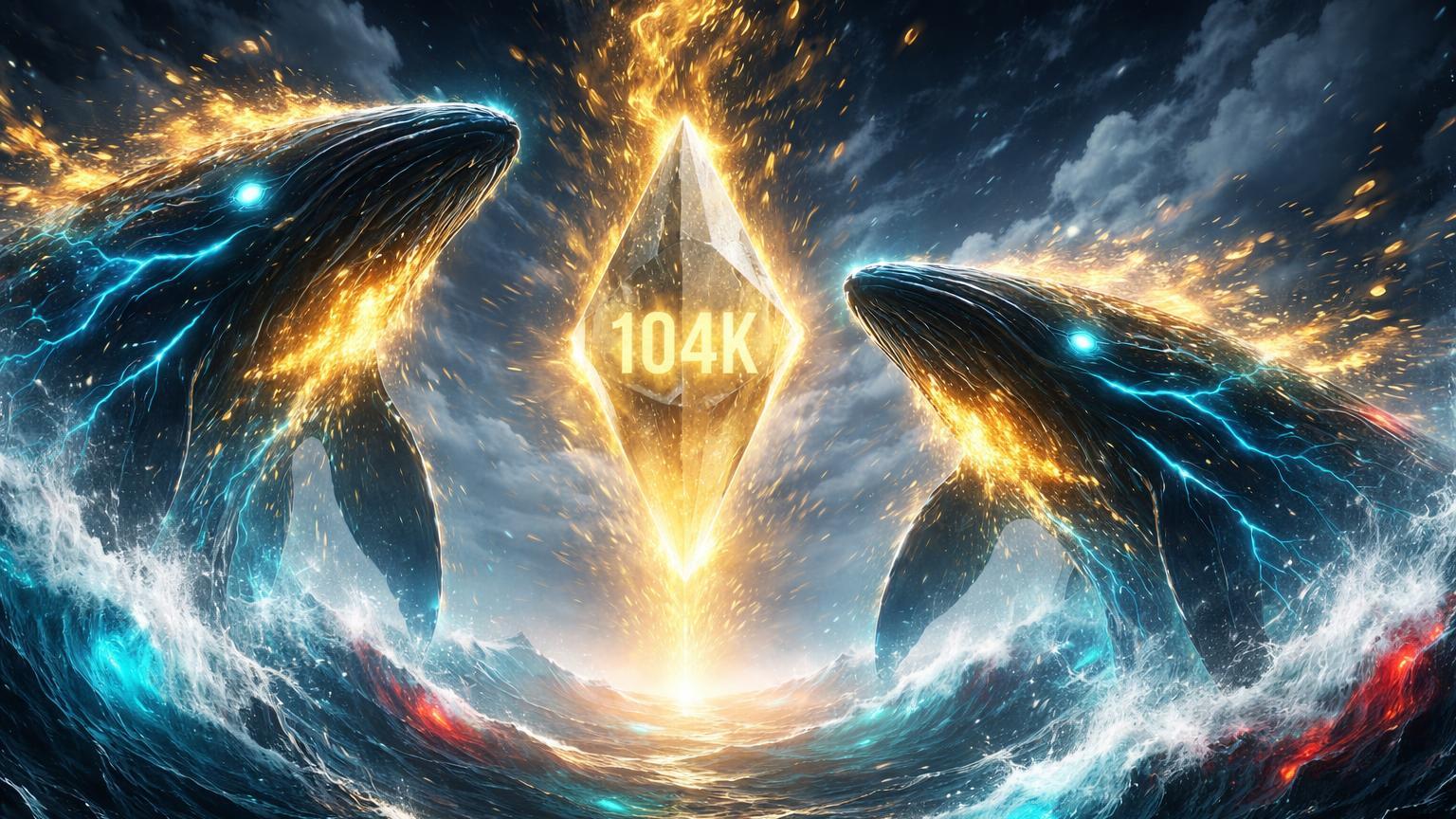 Baleias colossais digitais absorvendo energia dourada com cristal 104K em oceano volátil cyan-vermelho, simbolizando acumulação de Bitcoin por whales
