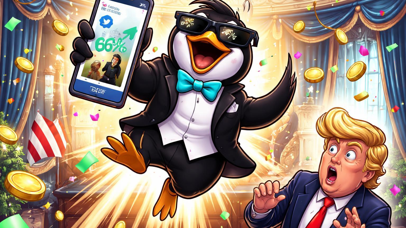 Pinguim memecoin cartoon pulando eufórico na Sala Oval com Trump surpreso, simbolizando pump de 564% após post da Casa Branca