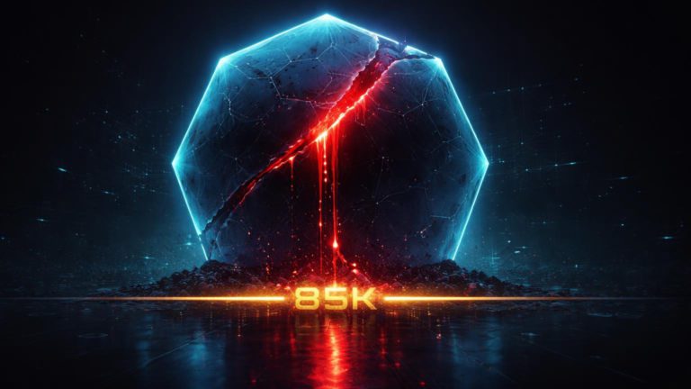 Cúpula cibernética rachada vazando fluxo vermelho sobre linha de suporte 85K dourada, simbolizando hack governamental e pressão no Bitcoin