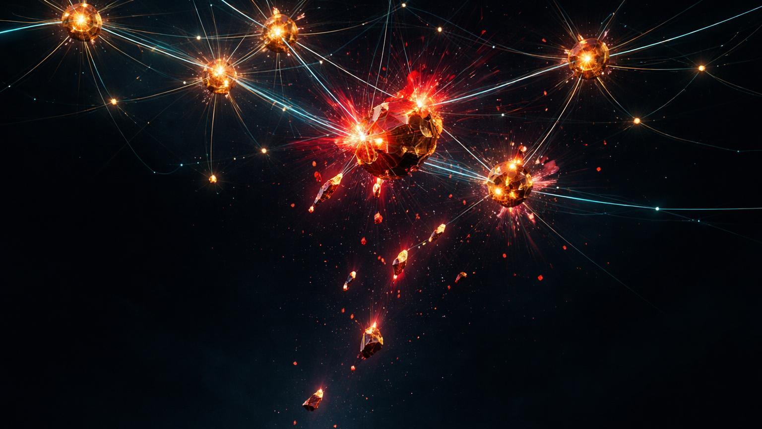 Rede de nós cristalinos dourados de holders Bitcoin rachando com faíscas vermelhas, simbolizando perdas on-chain e início de mercado de baixa