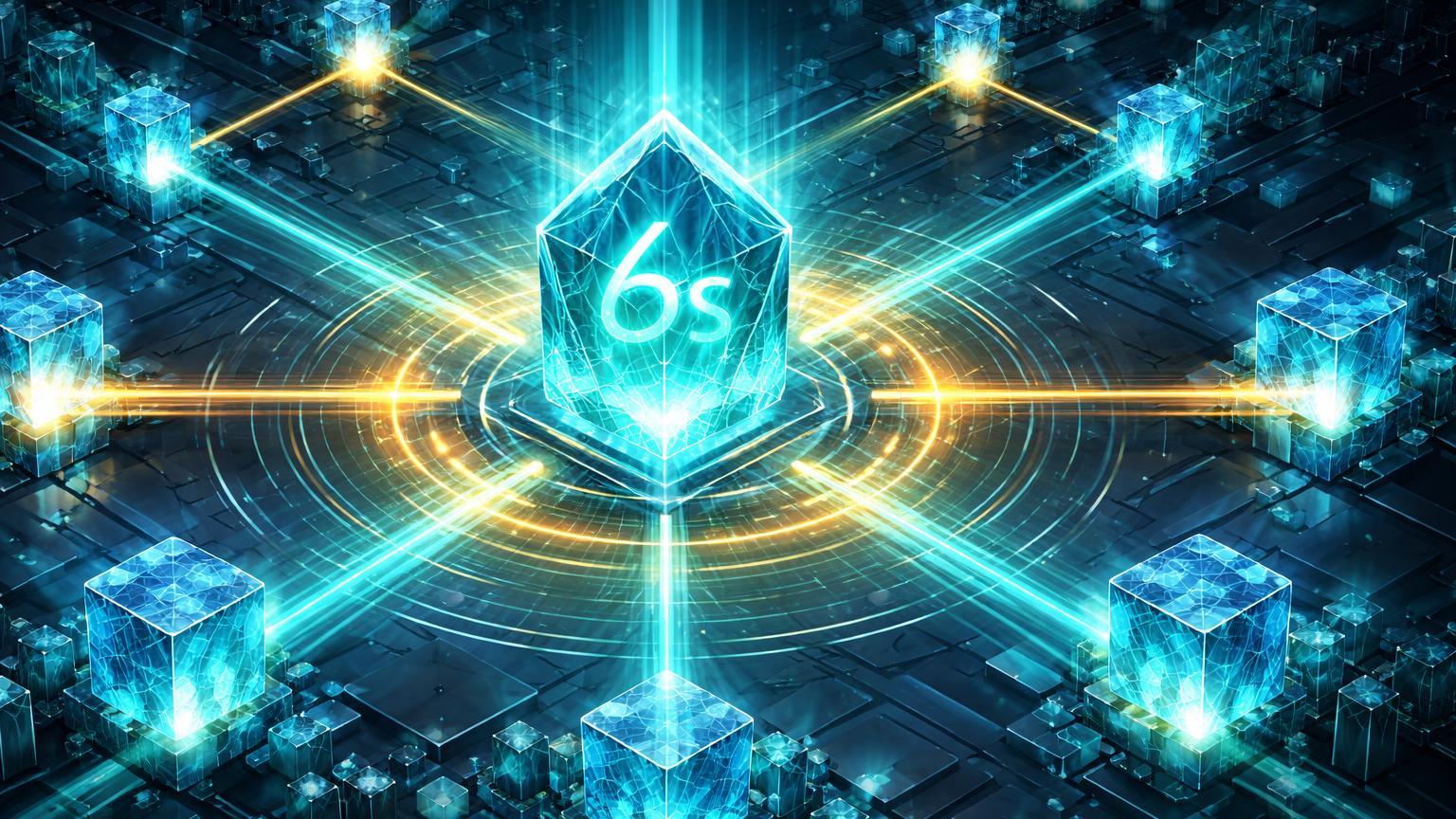 Rede cristalina isométrica pulsando com '6s' central, representando upgrade Tallinn no Tezos com blocos de 6 segundos e escalabilidade melhorada