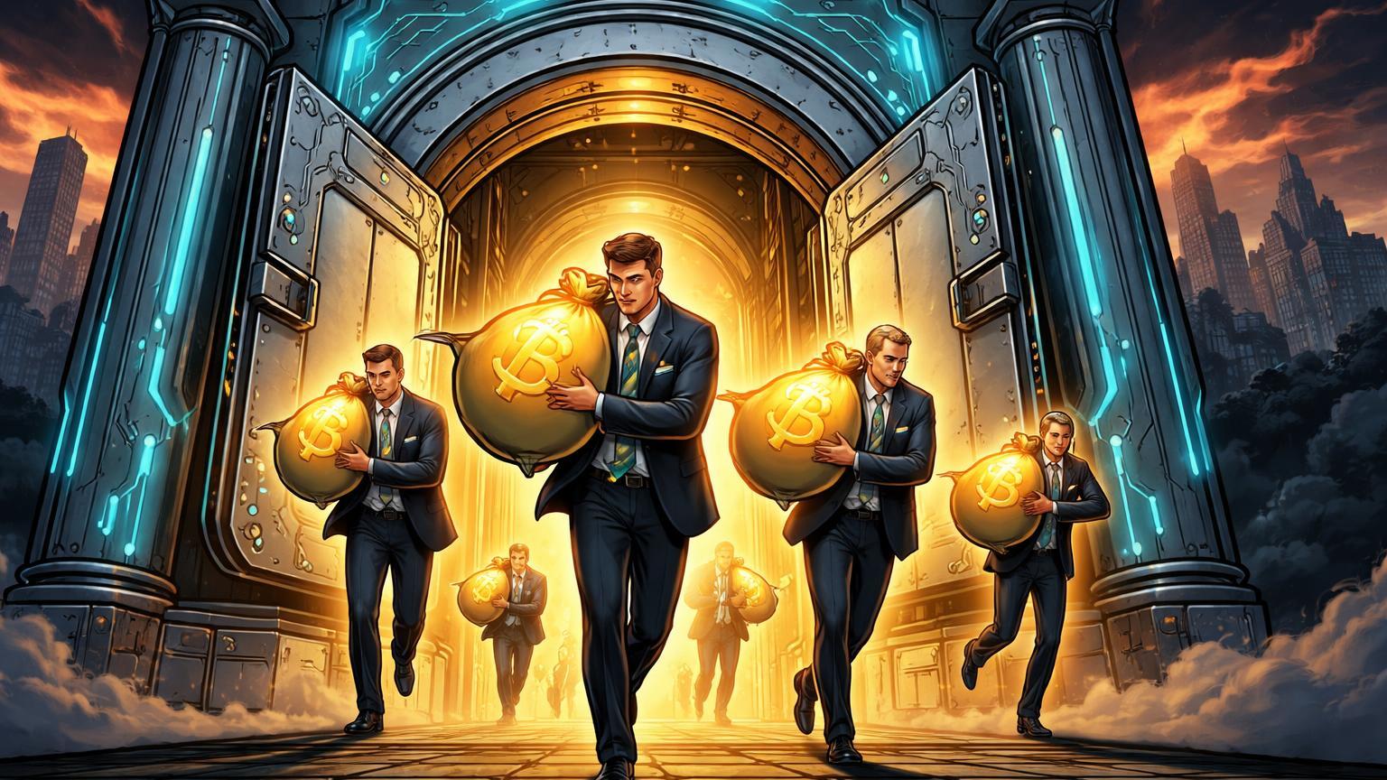 Executivos cartoon saindo de vault com sacos de energia dourada, simbolizando saídas recordes de US$ 1,33 bi em ETFs de Bitcoin