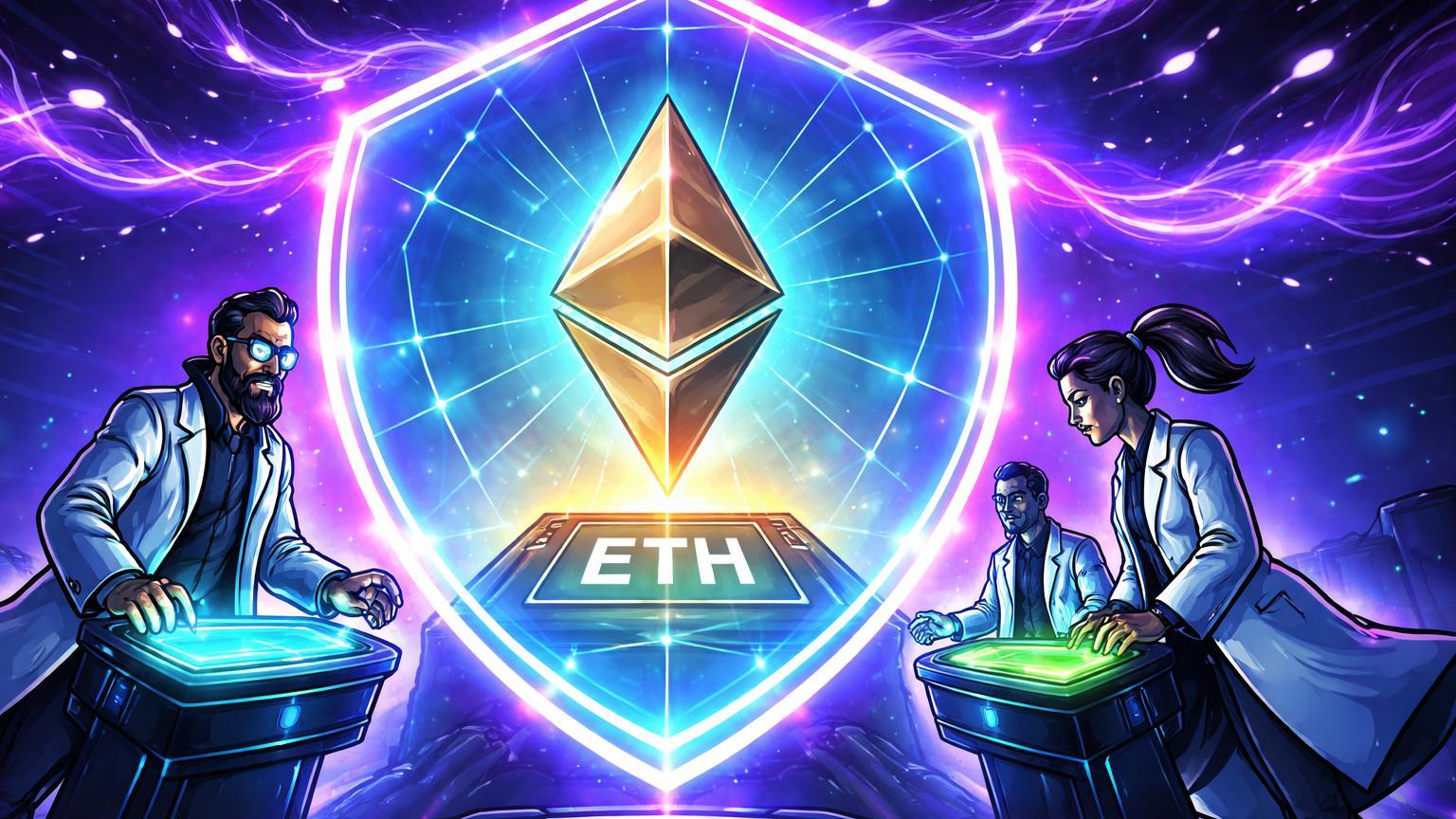 Equipe cartoon estilizada ativando escudo quântico púrpura ao redor de prisma Ethereum, simbolizando investimento em segurança pós-quântica