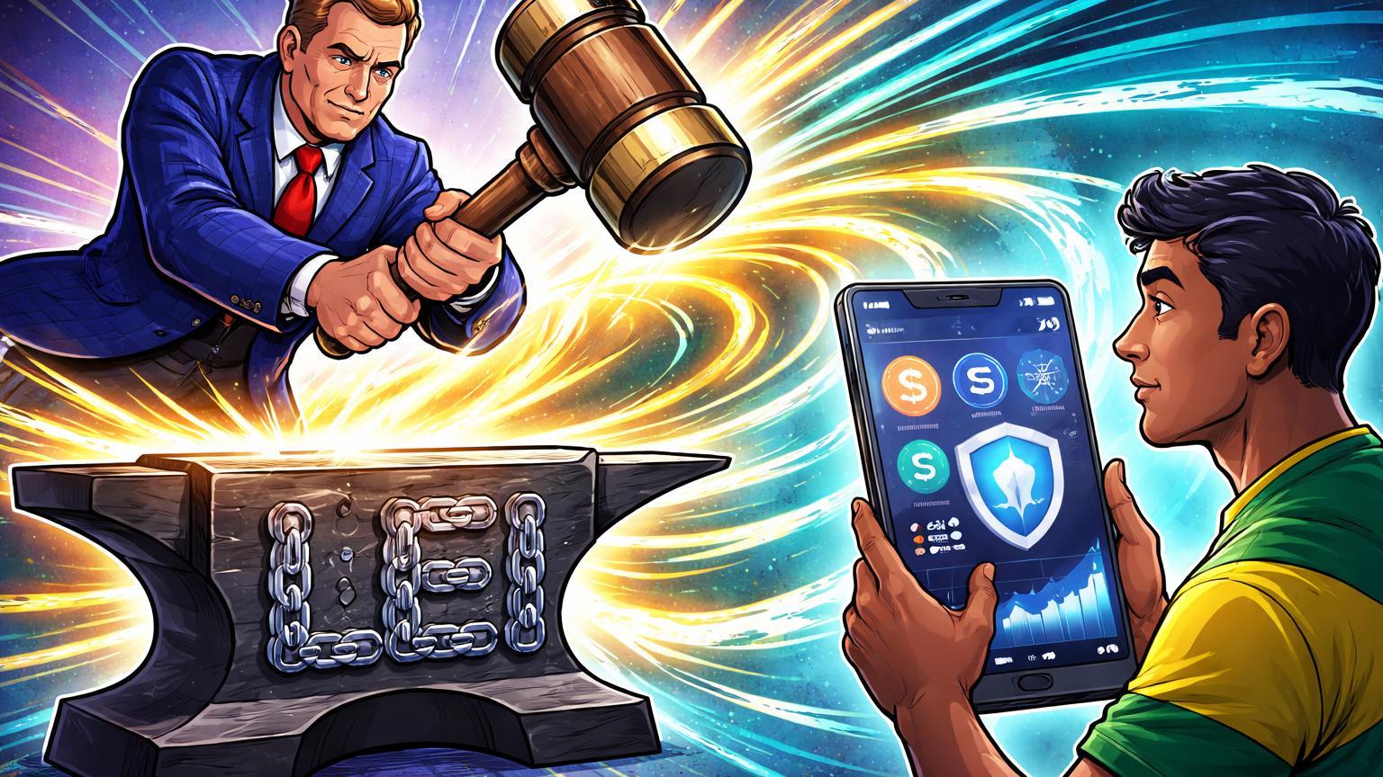 Senador cartoon EUA batendo martelo em lei blockchain, ondas impactando app de exchange com stablecoins para investidor brasileiro