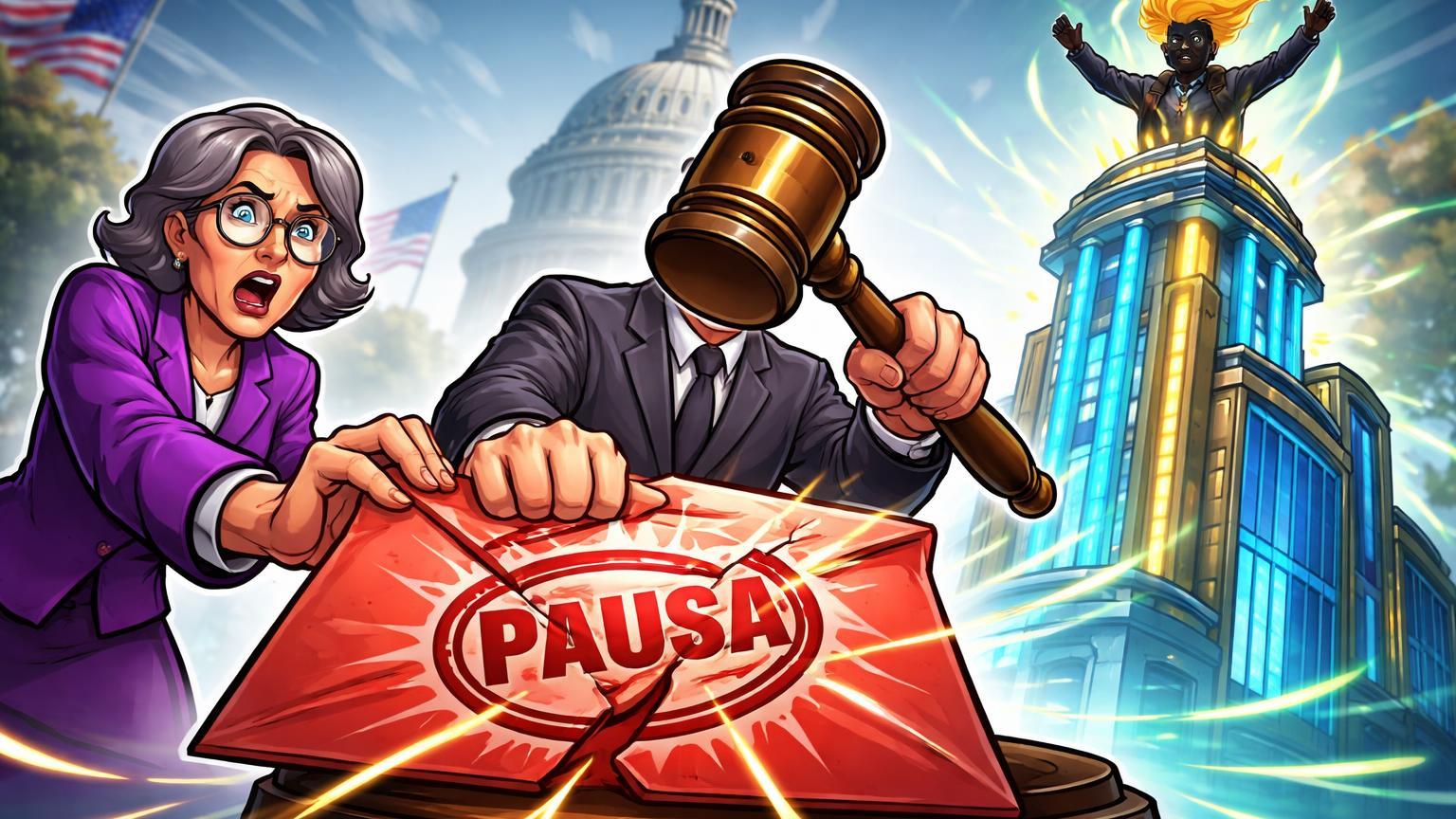 Juiz regulatório cartoon rejeitando envelope de senadora opositora, torre cripto triunfante emergindo, simbolizando vitória da WLFI sobre pedido de Warren