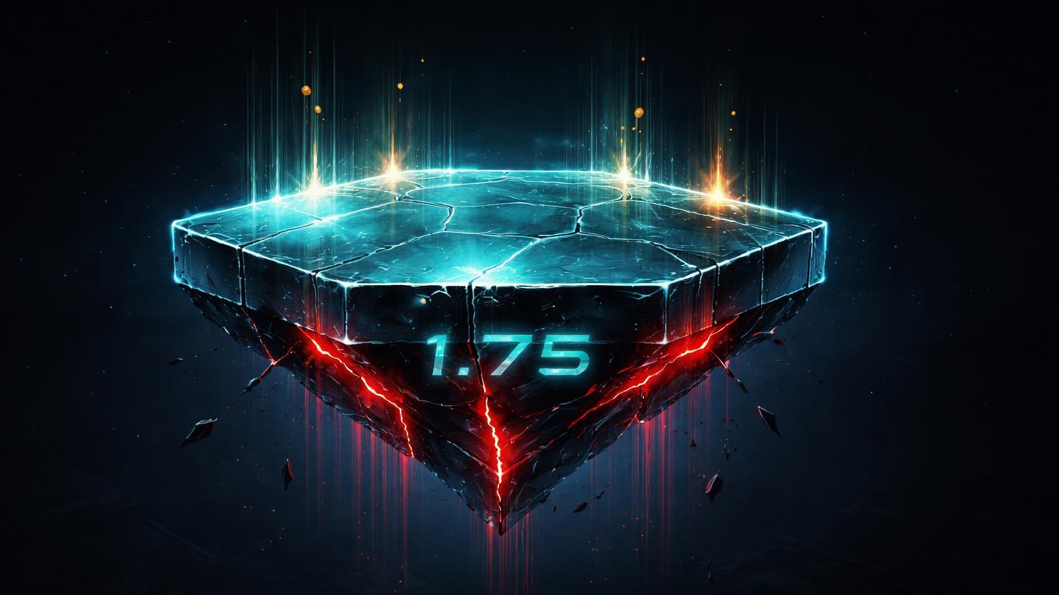 Plataforma hexagonal de suporte digital com rachaduras vermelhas e fluxos cyan enfraquecendo, simbolizando XRP testando US$ 1.75 após queda de 25%