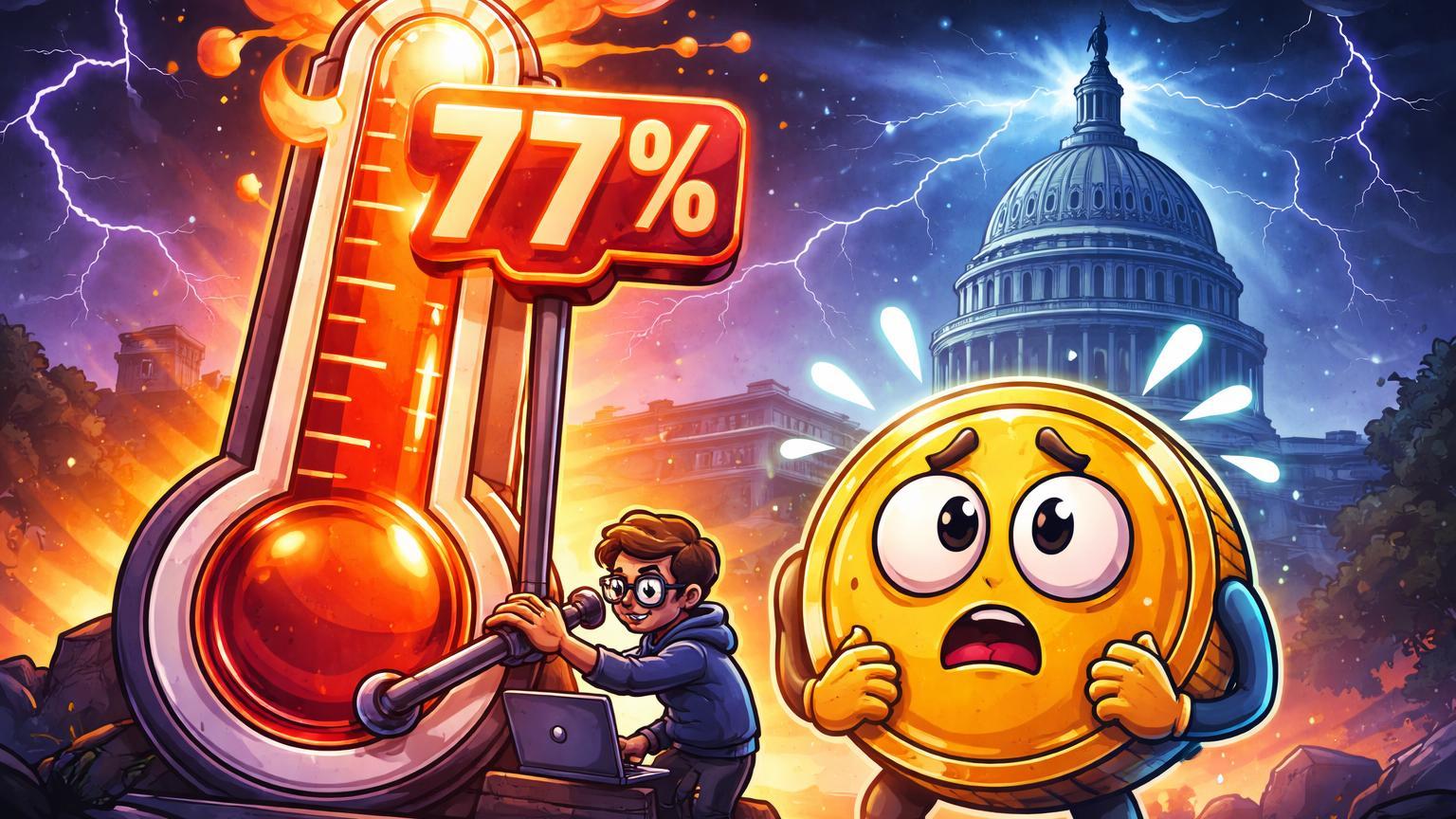 Medidor cartoon de odds subindo para 77% com Bitcoin ansioso e Capitólio tempestuoso, representando risco de shutdown EUA no Polymarket