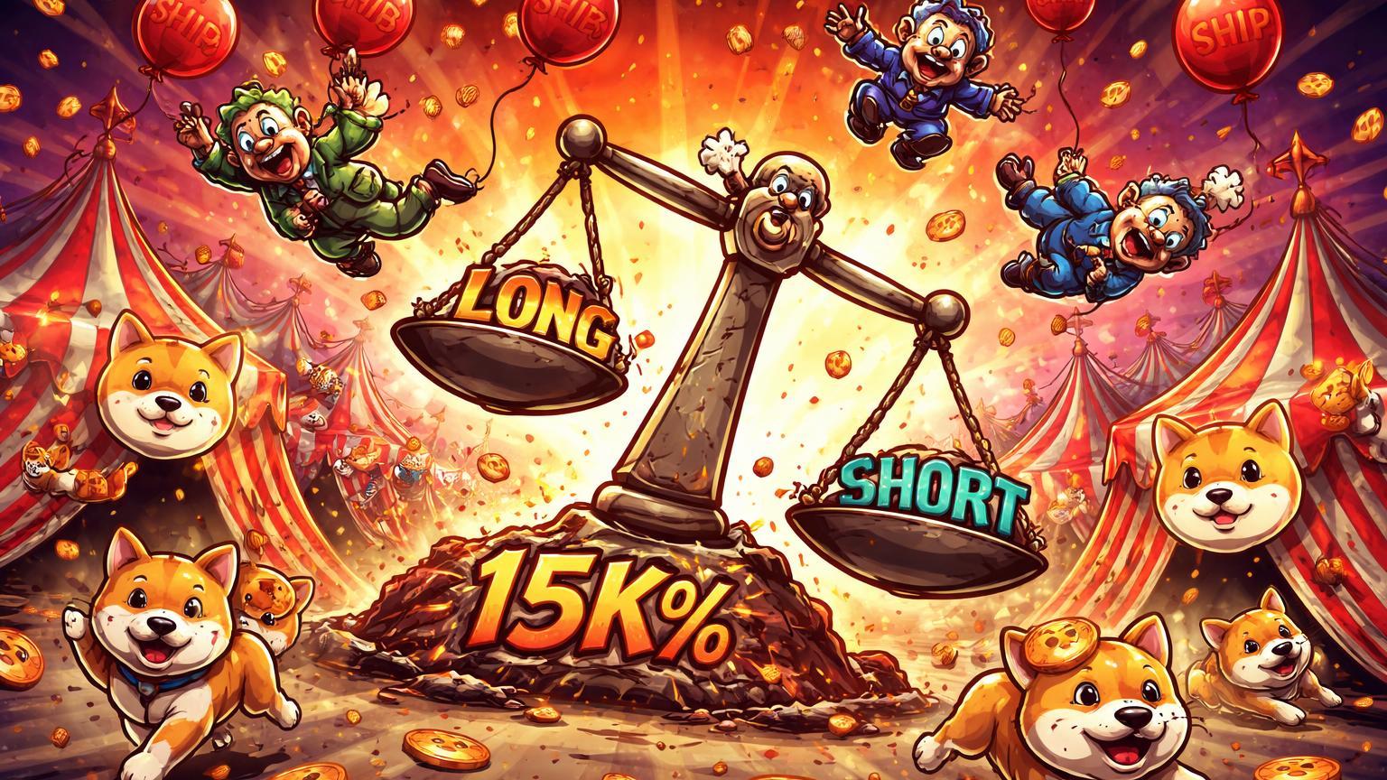 Circo caótico cartoon com palhaços traders liquidados, balança desequilibrada 15K% e elementos SHIB, ilustrando volatilidade em memecoins